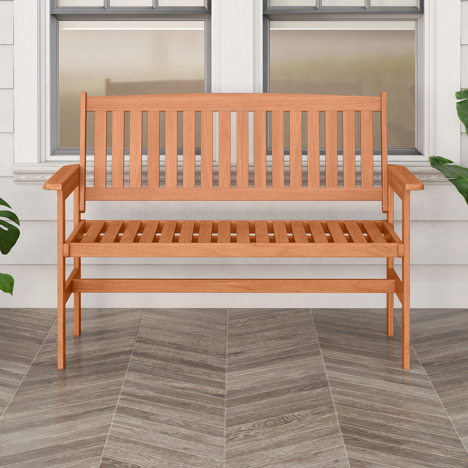 SUGIFT Solid Wood 2-Person Patio Bench Loveseat with Curved Slatted Seat and Armrests 530-lb Capacity 47-in Wide Natural