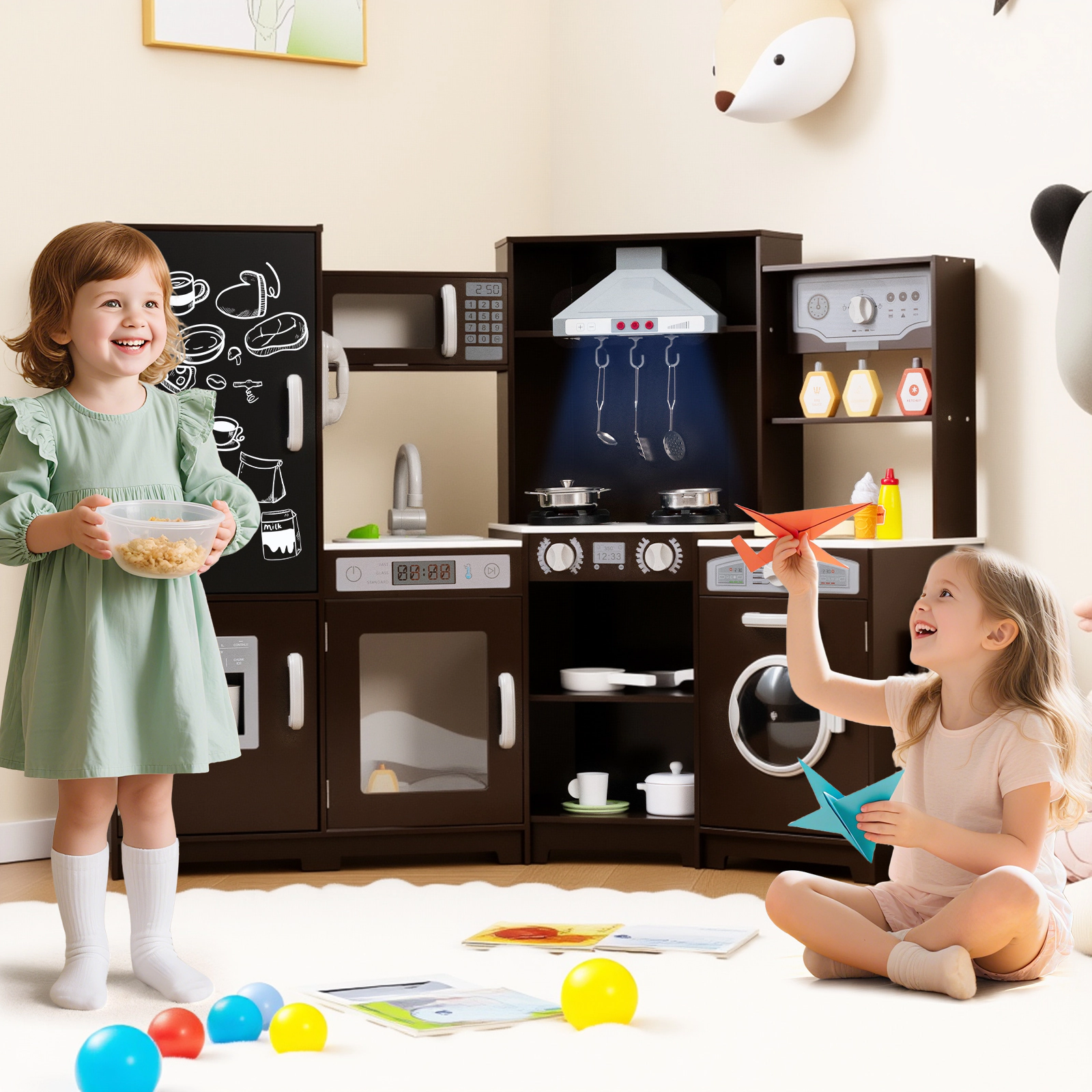 Corner Wooden Play Kitchen Lights and Sounds Ice Maker Chalkboard 52-in Kids Kitchen Playset Ages 3+ Espresso