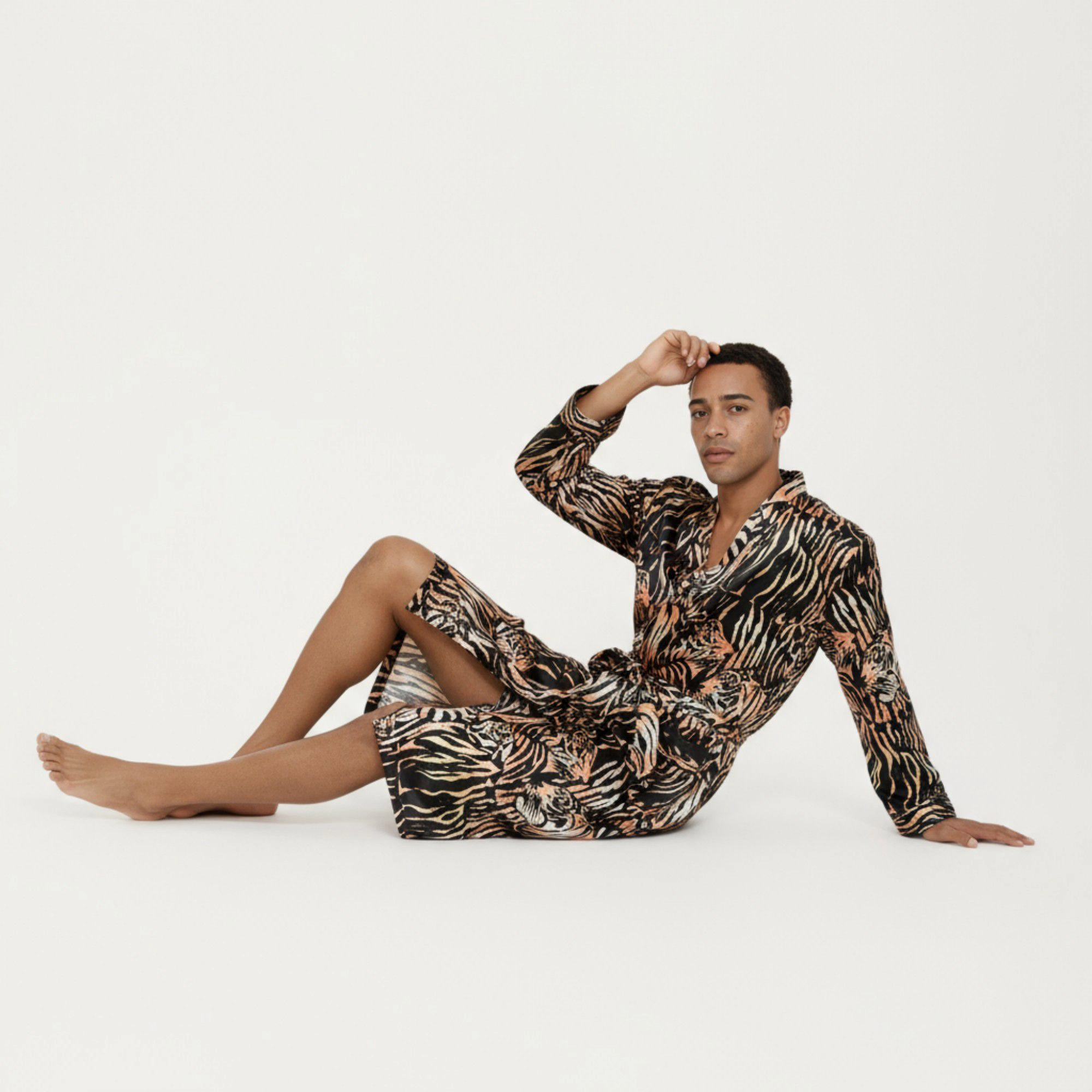 Anna-Kaci Men's Satin Robe with Tiger Print Design and Adjustable Waist Tie