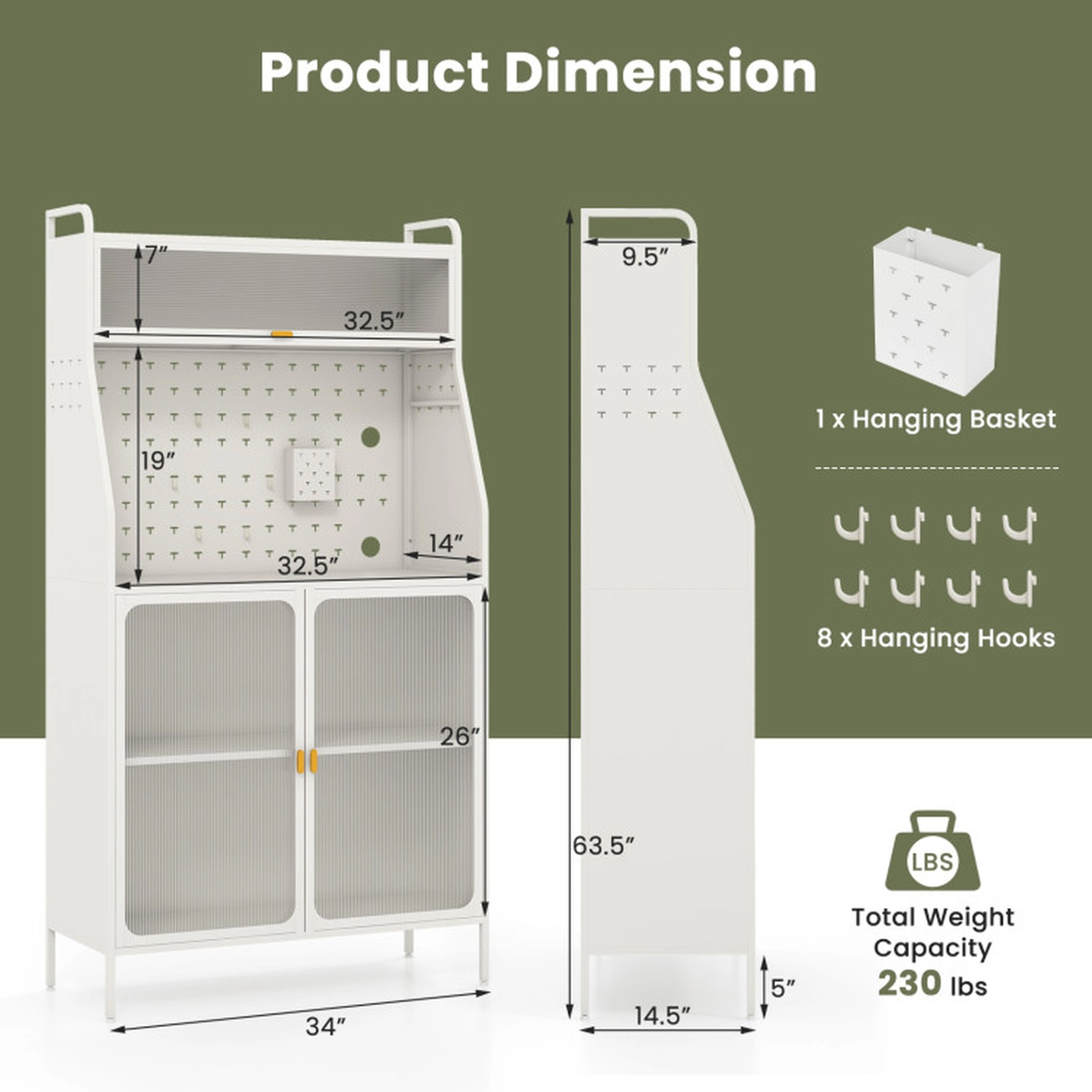 SUGIFT 5-Tier Metal Sideboard Baker's Rack with Pegboard and See-through Flip-up Door 230-lb Capacity White & Gold
