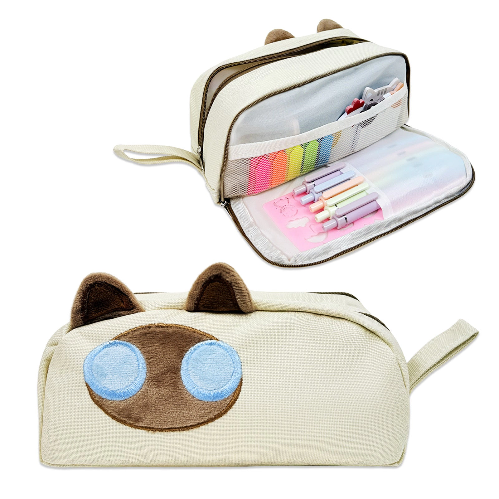 Wrapables 3D Cat 2-Compartment Pencil Case, Beige Cat