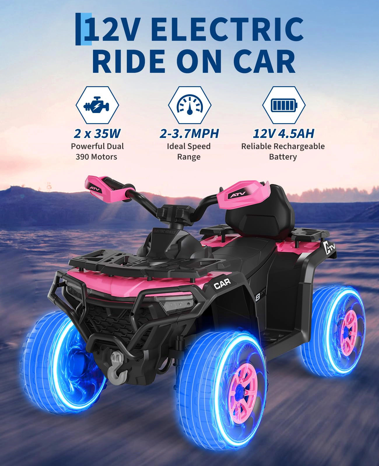 Enjyam 12V Kids Ride On ATV Car with Parent Remote, Off-Road 4 Wheeler w/ Suspension, LED Flag, Bluetooth, USB
