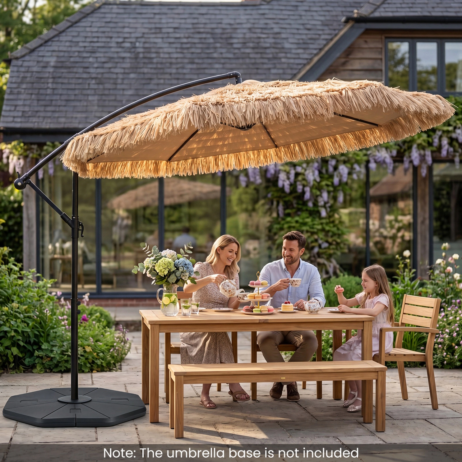 SUGIFT Solar Thatched Cantilever Umbrella with 96 Multi-Color Lights and 12 Modes 10-ft Canopy Natural + Black