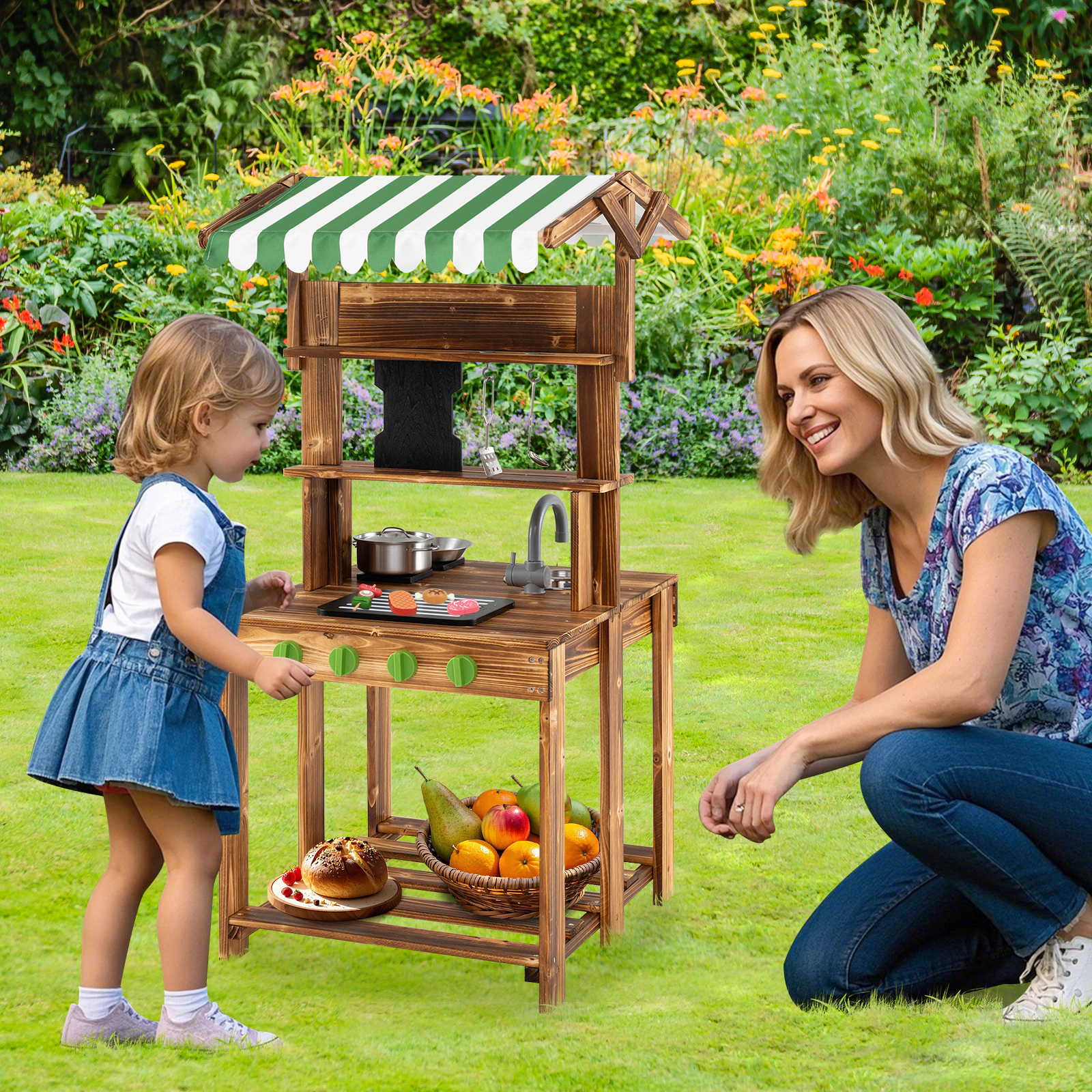 LJG Kids Double-Sided Mud Kitchen with Canopy and Chalkboard for 3+ Years Old