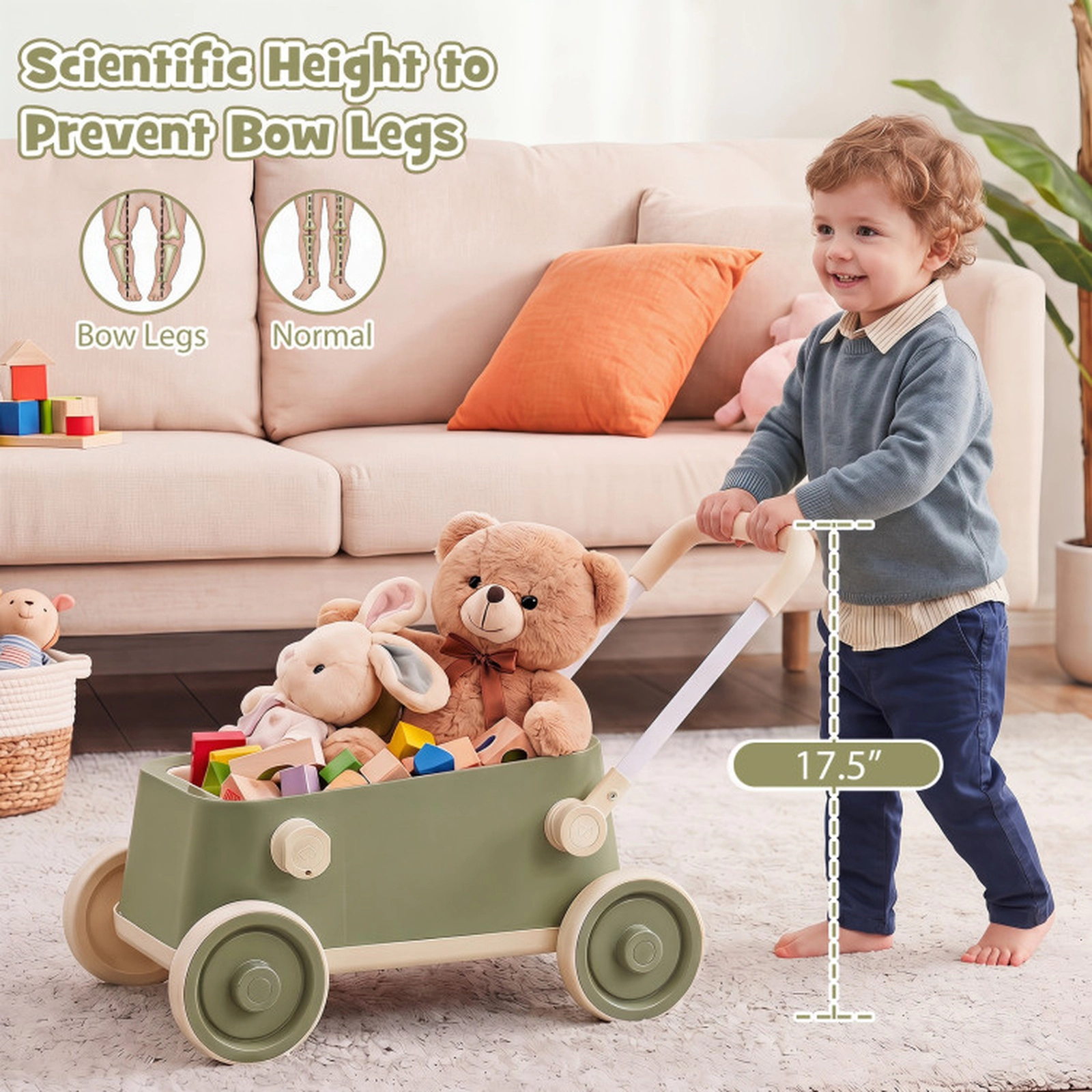SUGIFT Baby Push Walker Wagon with Foldable Handlebar and Storage Basket Ages 3-6 Years Green