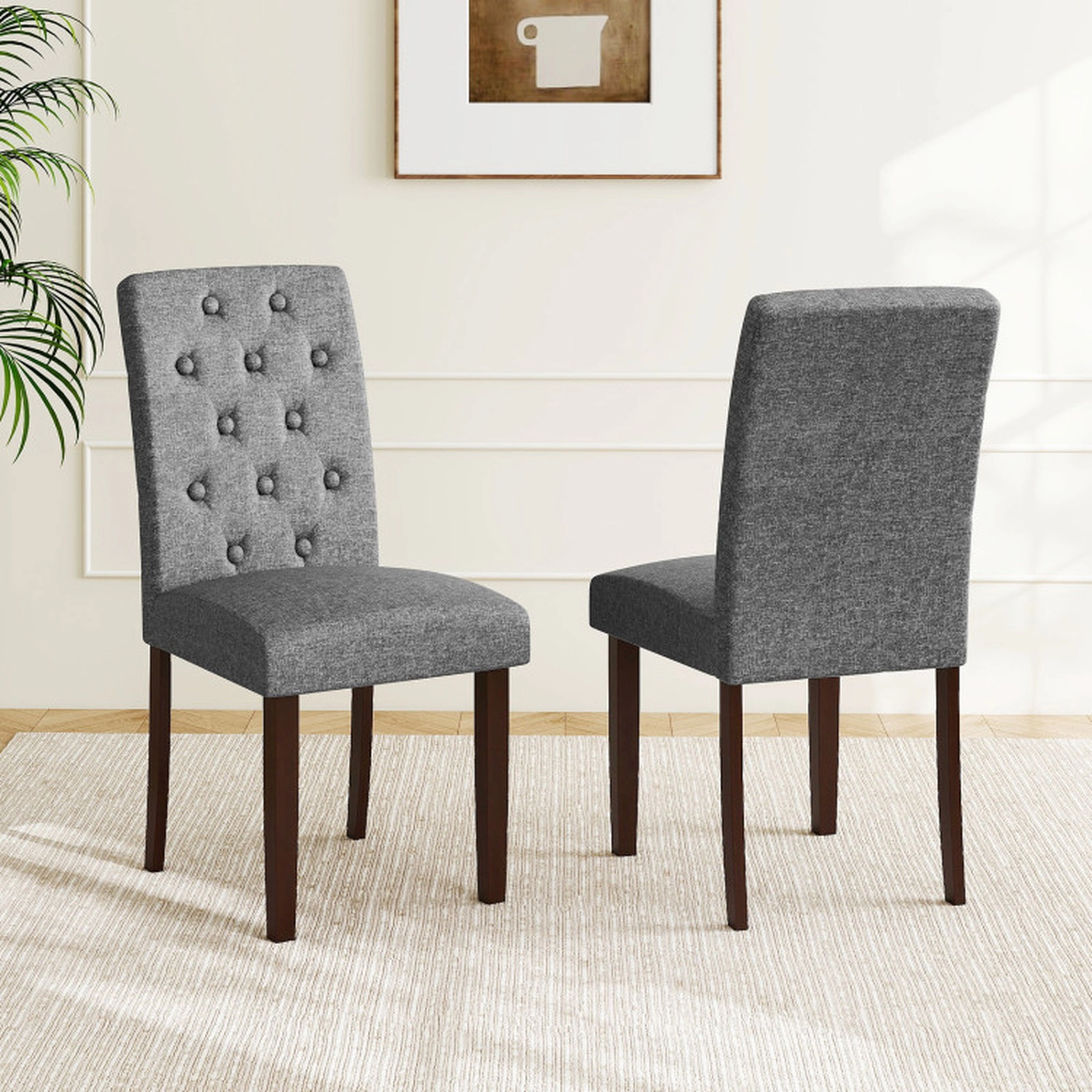 SUGIFT Button Tufted Fabric Upholstered Wooden Dining Chair Set of 2 with High Curved Back 330-Lb Capacity Gray
