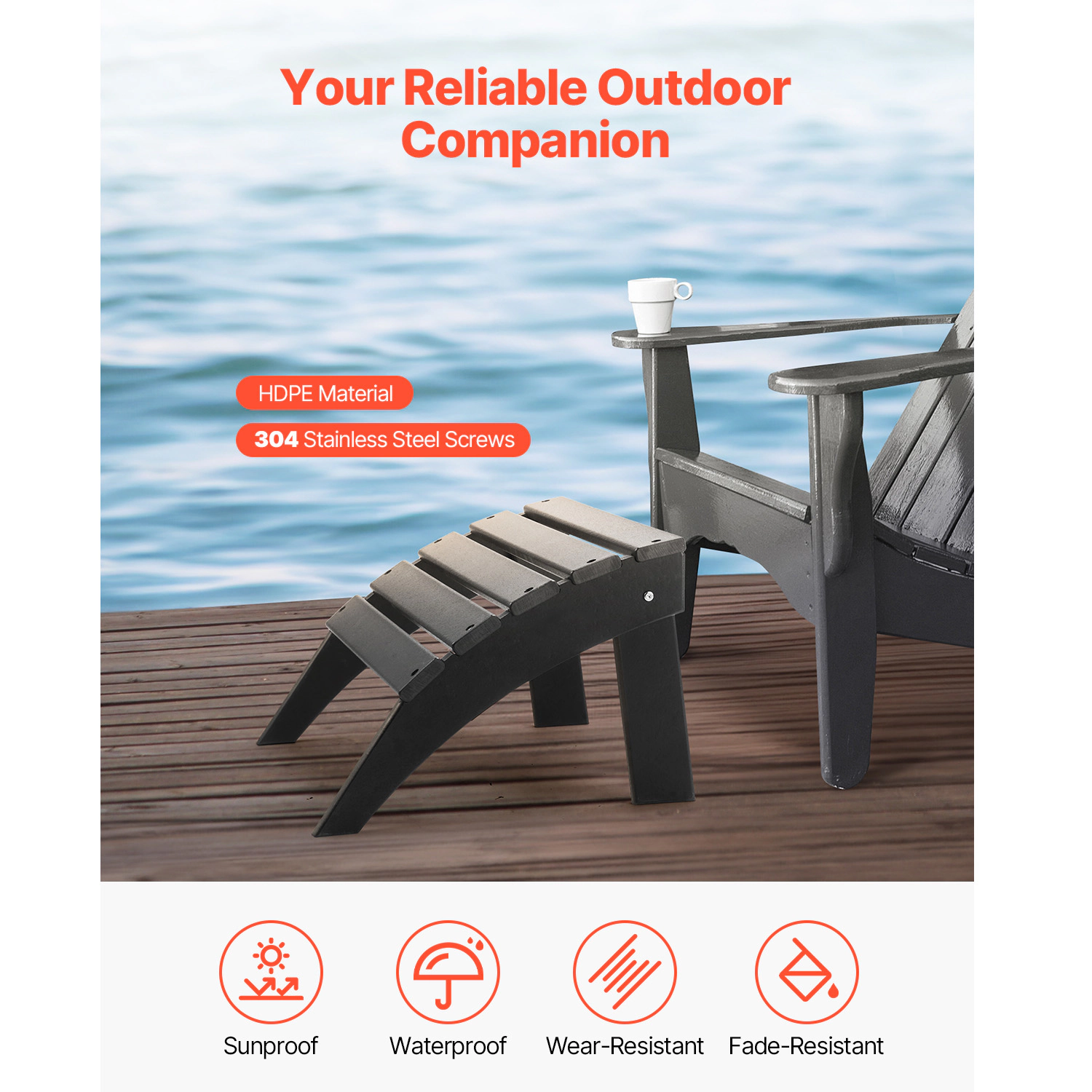 HONGGE Adirondack Ottoman HDPE Plastic Folding Weather-Resistant Foot Rest for Chair