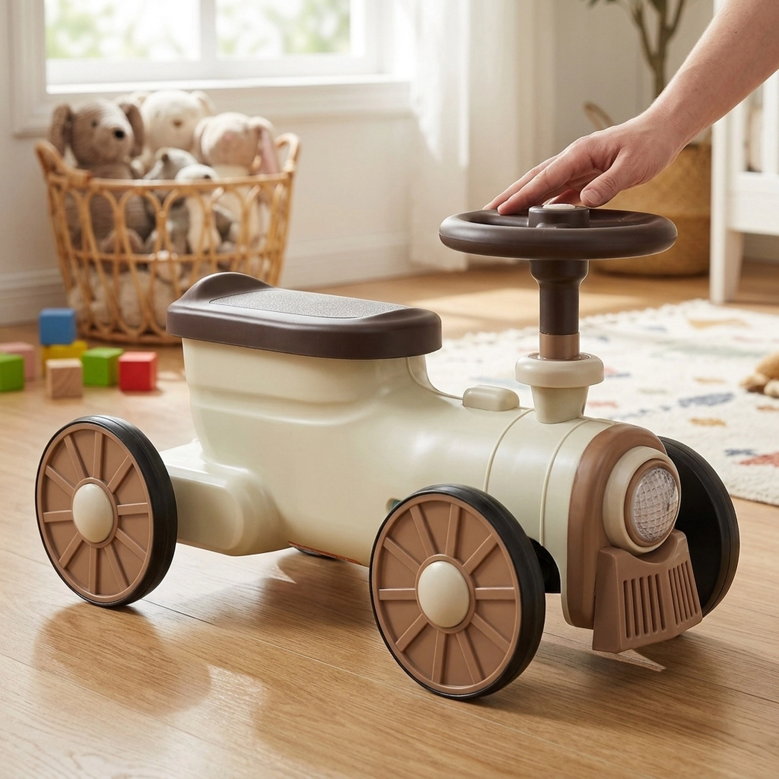 Toddler Push Car Sliding Ride On Toy Train Whistle Sound Button 35-Degree Ages 19-36 Months Beige