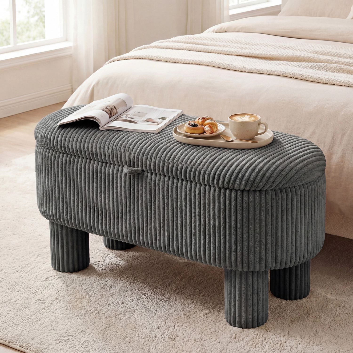 Glintex 42-Inch Corduroy Storage Ottoman Bench with Lifting Strap and 400-Lb Top