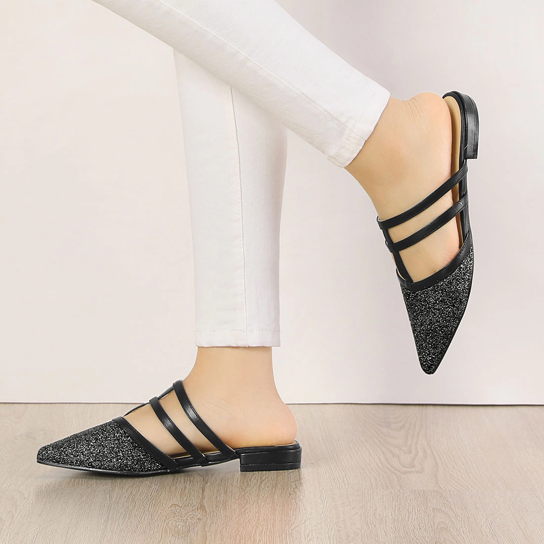 BLISSFUL STEP Women's Glitter Pointed Toe Flat Slip On T Strap Mules Sandals