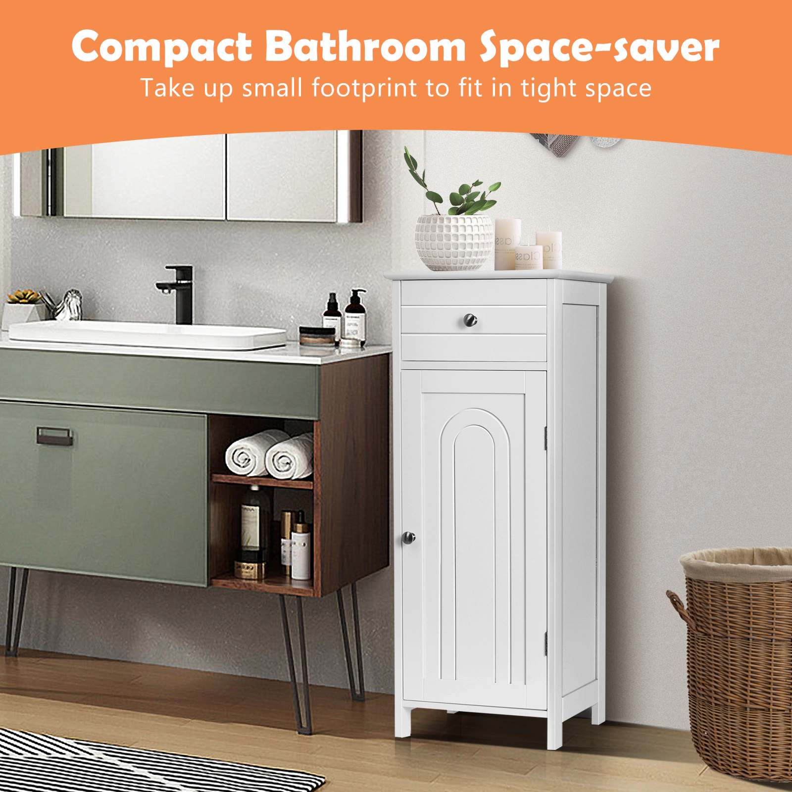 SUGIFT Wooden Storage Free-Standing Bathroom Floor Cabinet with Drawer and Adjustable Shelf 132-lb Capacity White