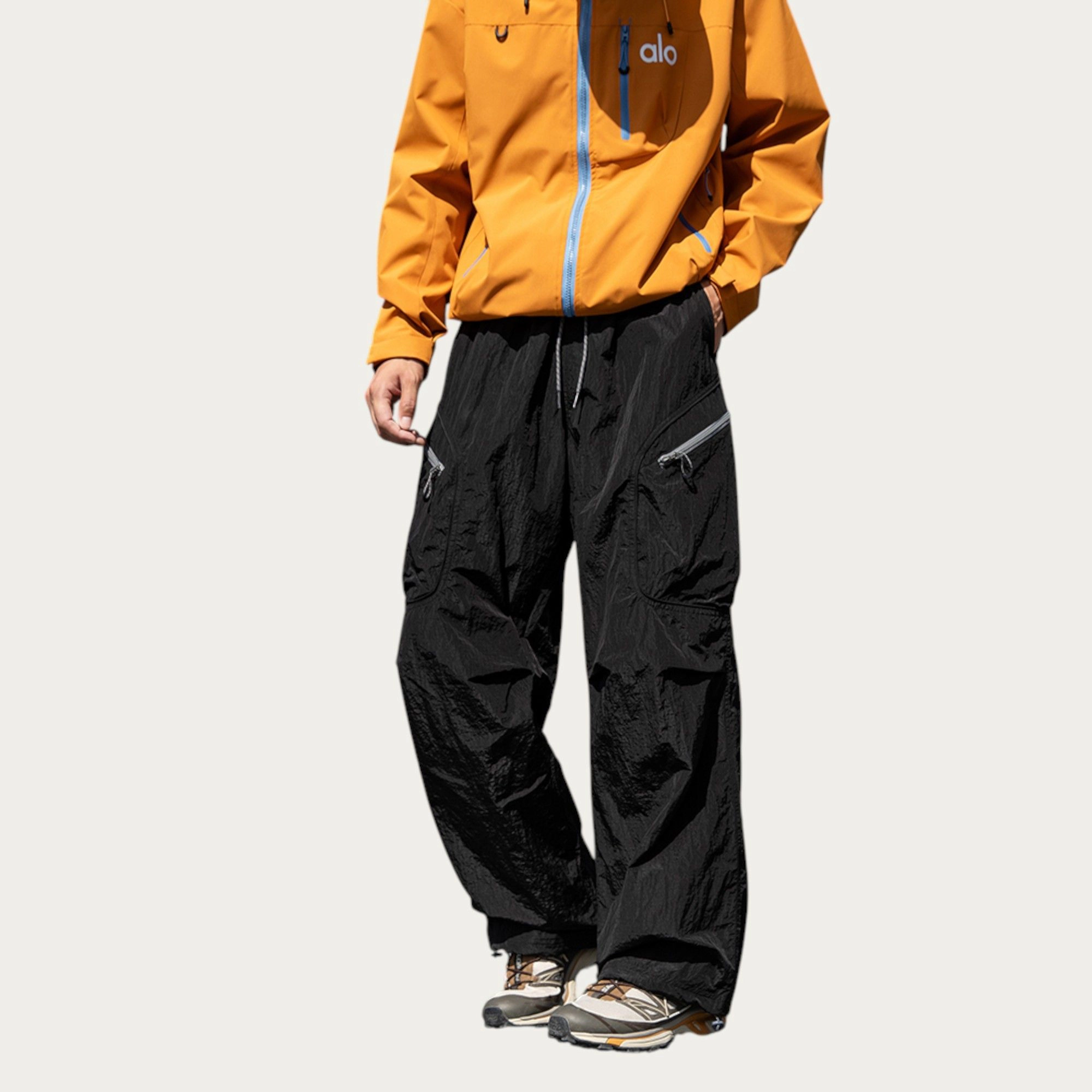Anna-Kaci Men's Textured Wide-Leg Cargo Pants with Zipper Pockets and Adjustable Drawstring Waist