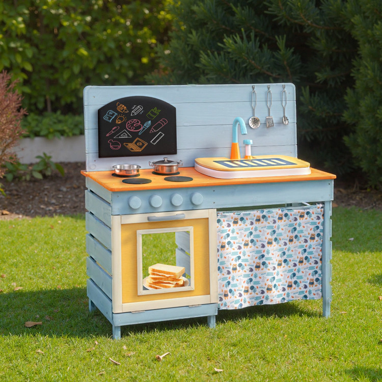 Hivvago Wooden Toy Kitchen Playset with Removable Circulation Faucet and Cooking Accessories-Blue