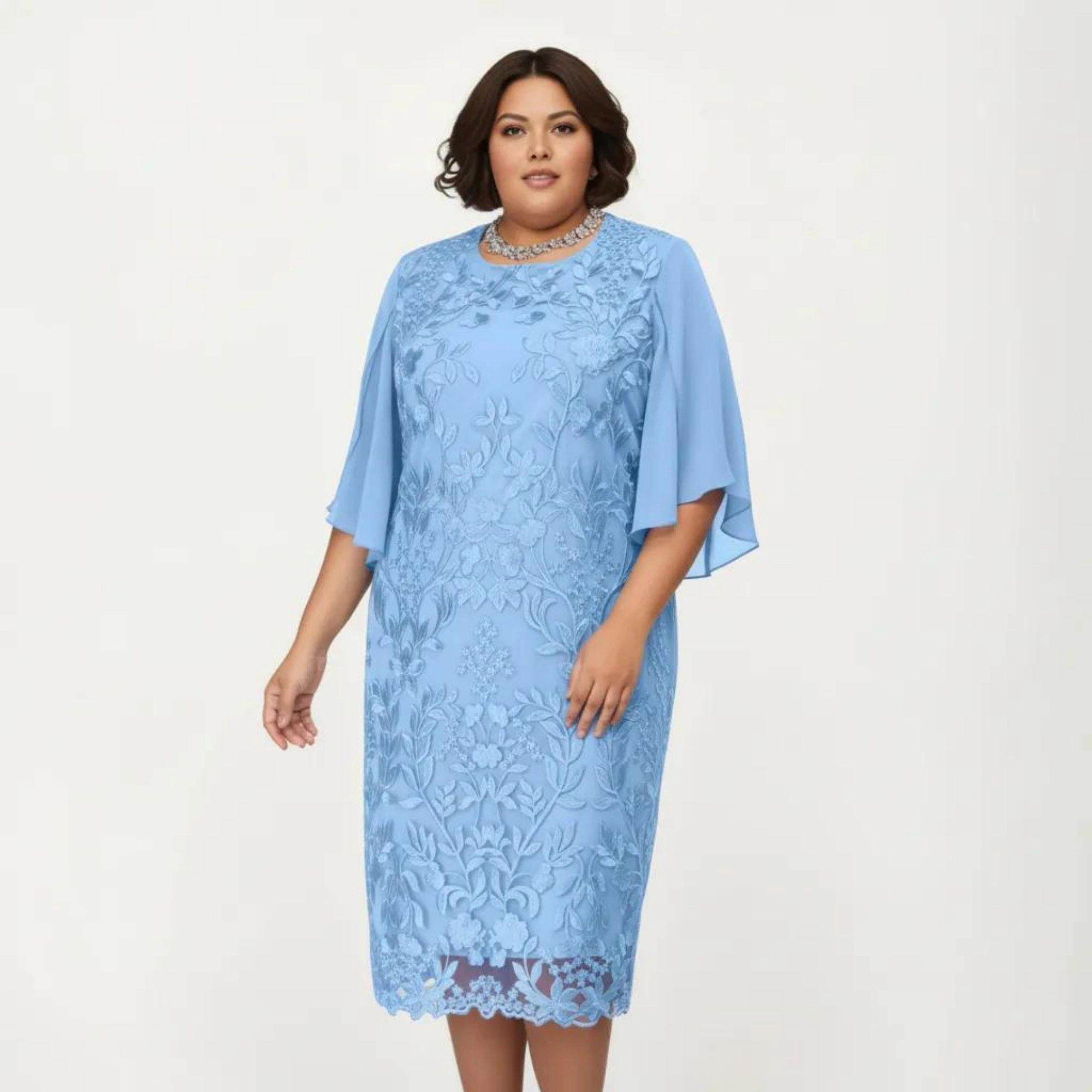 Anna-Kaci Women's Plus Size Lace Sheer Overlay Short Sleeve Loose Fit Elegant Knee Length Midi Dress