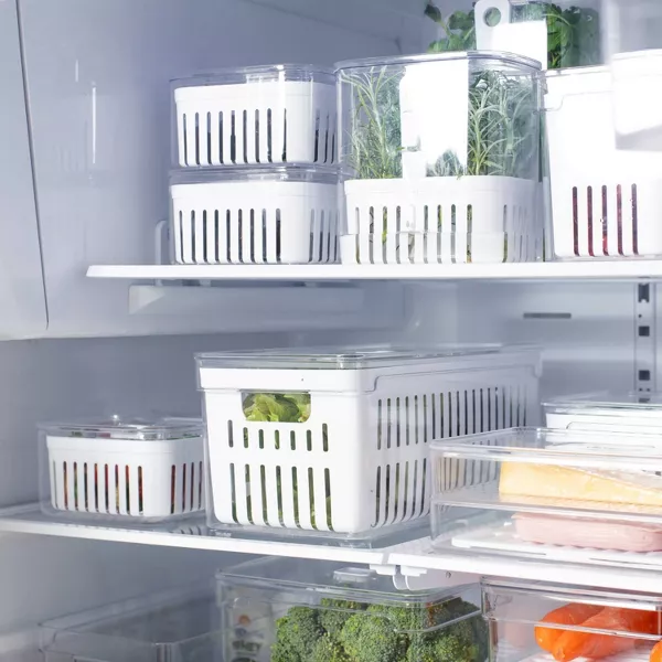 OU Fridge Organizer Bin w/ Drain Basket & Vented Lid, Clear Stackable Refrigerator Storage Container, BPA Free, 4 Pack