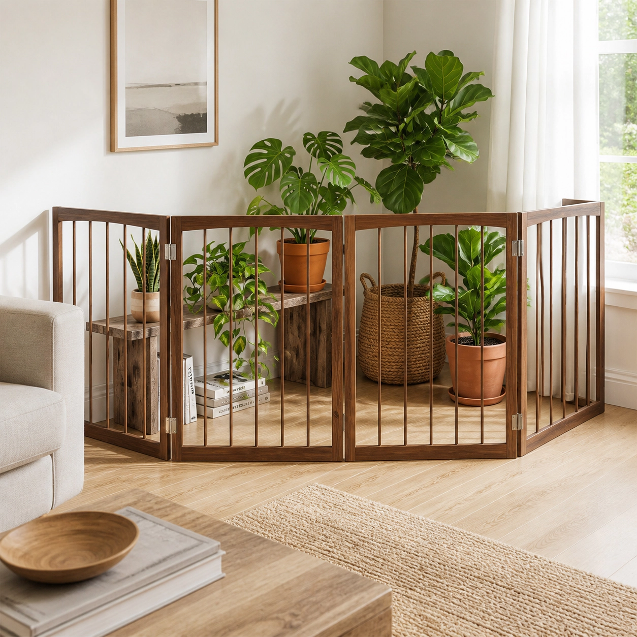 SUGIFT 4-Panel 83-in Wooden Freestanding Foldable Dog Gate Pet Fence and Indoor Room Divider for Puppies