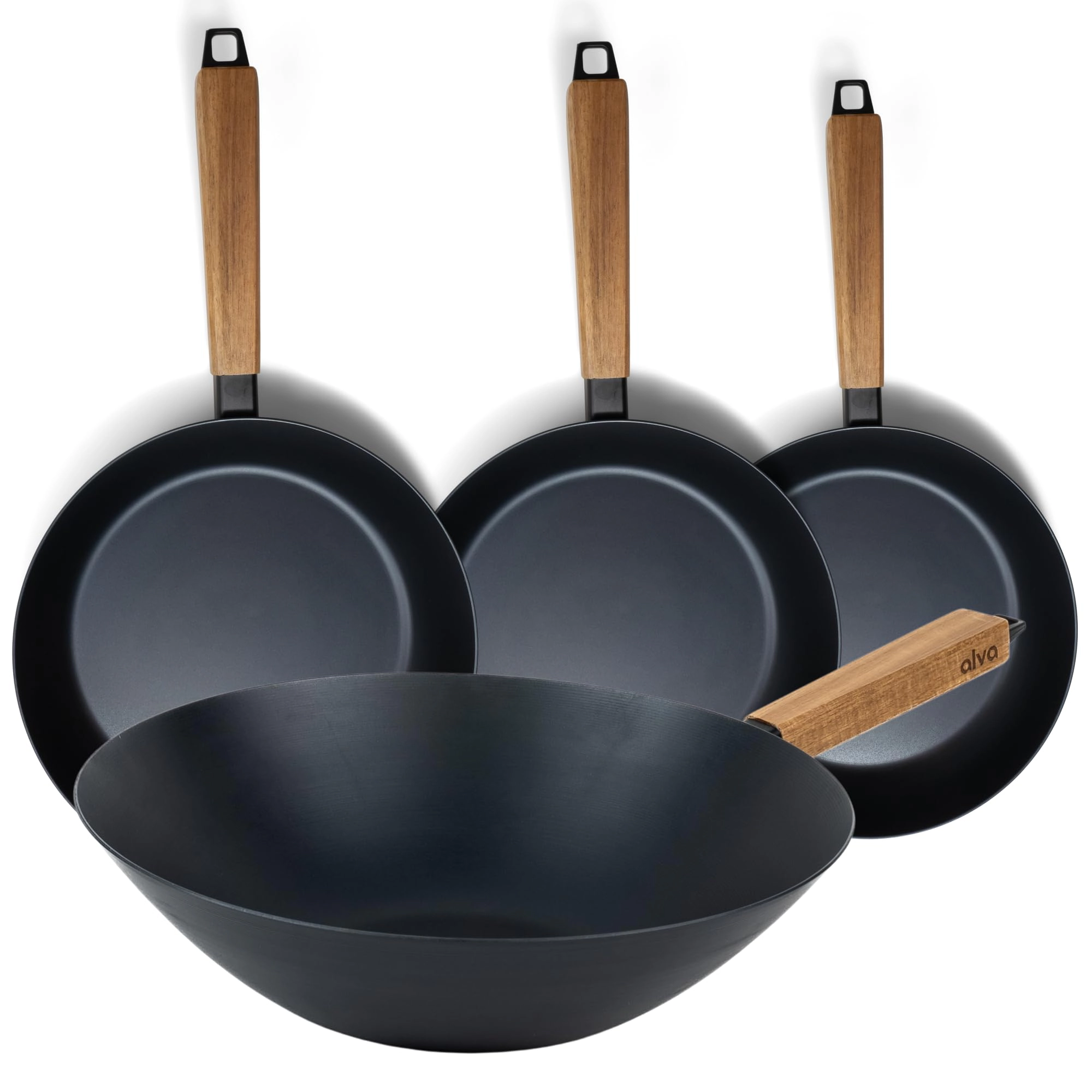 Alva Forest 4-Piece Professional Carbon Steel Frying Pan Set, Wood Handle