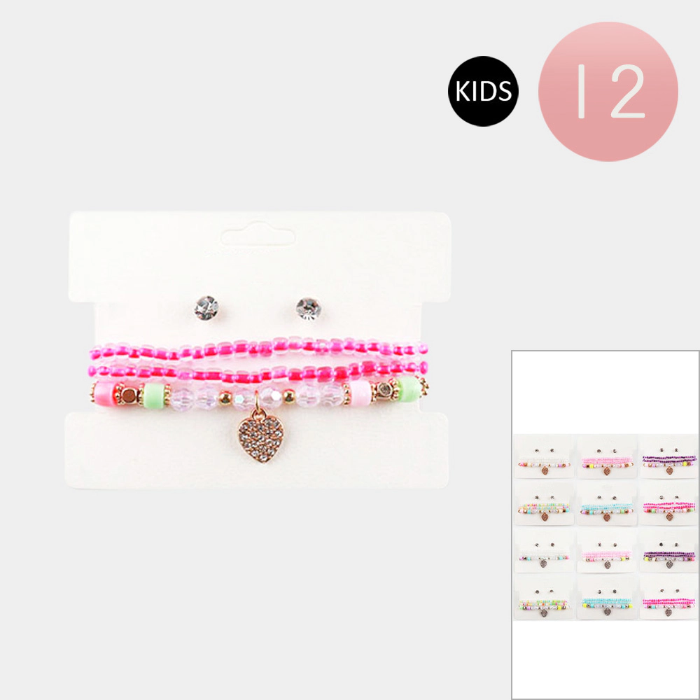 FASHNZFAB 12PCS - Kids Stone Paved Heart Charm Pointed Faceted Beaded  Stretch Bracelets with Earrings - Assorted