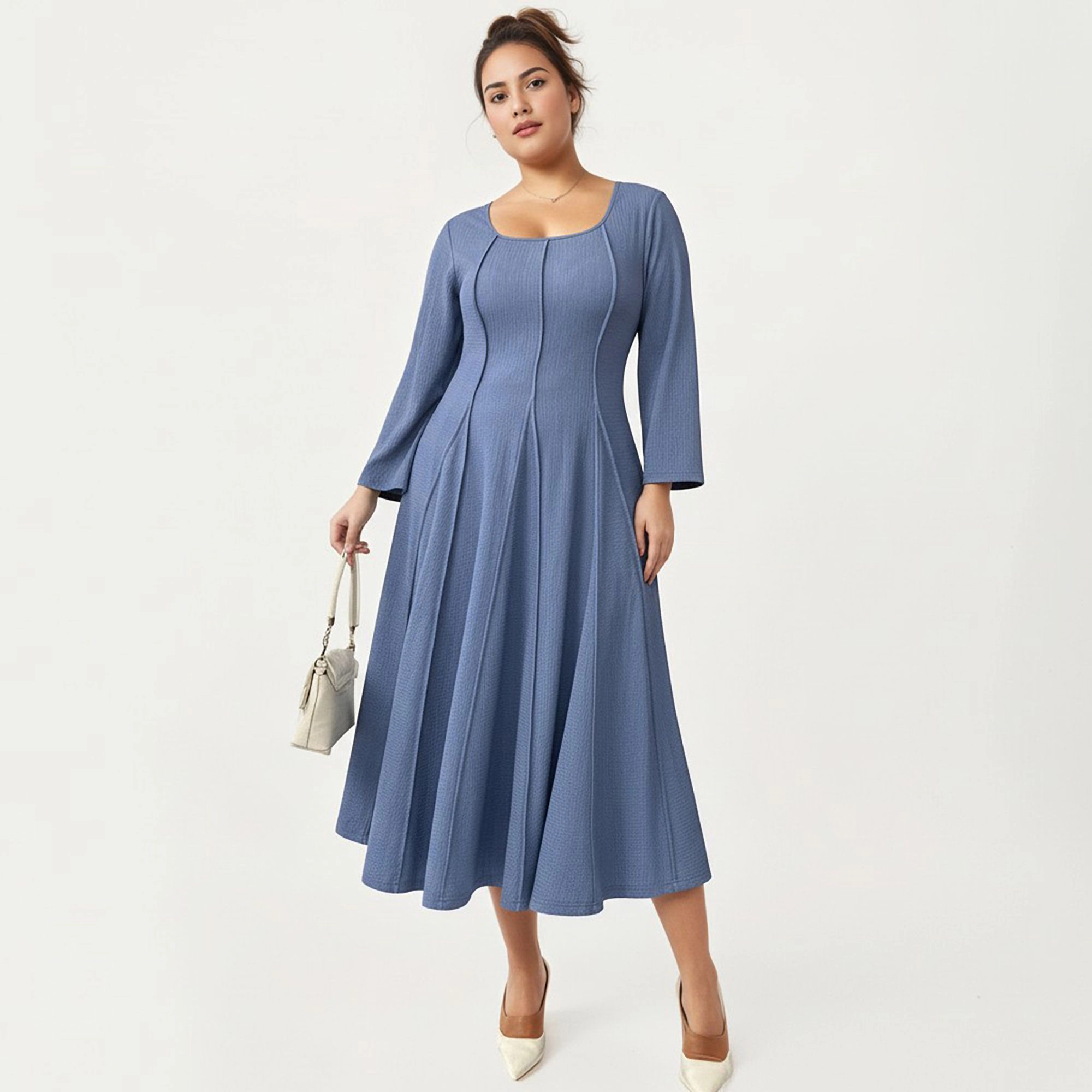 Anna-Kaci Women's Plus Long Sleeve Fitted Bodice Flared Skirt Square Neck Midi Dress