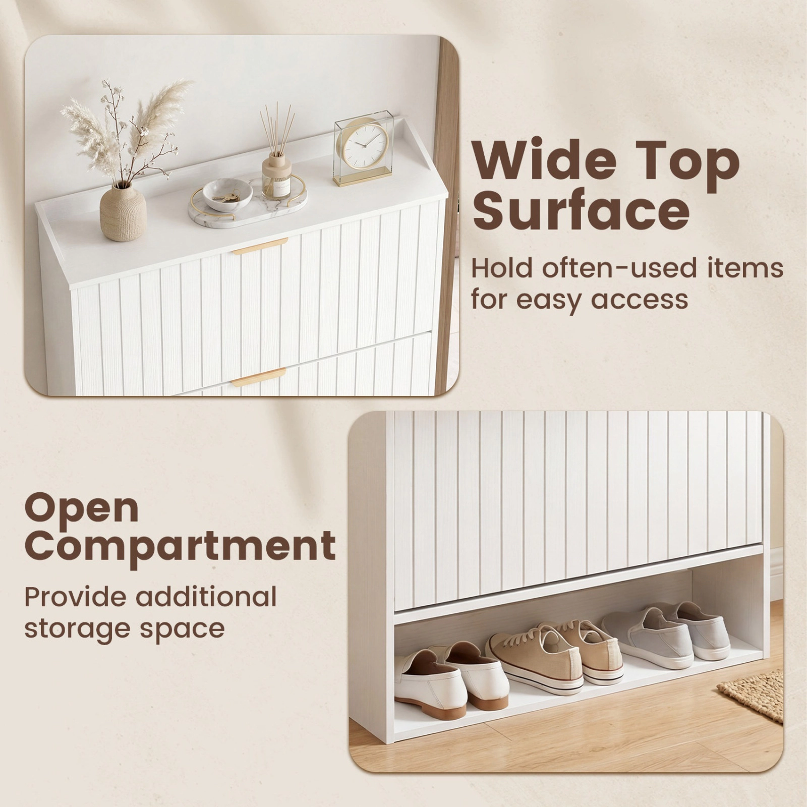 SUGIFT White 9.5-in Slim Fluted Shoe Cabinet with 2 Flip Drawers and Hidden Shoe Storage for Hallway