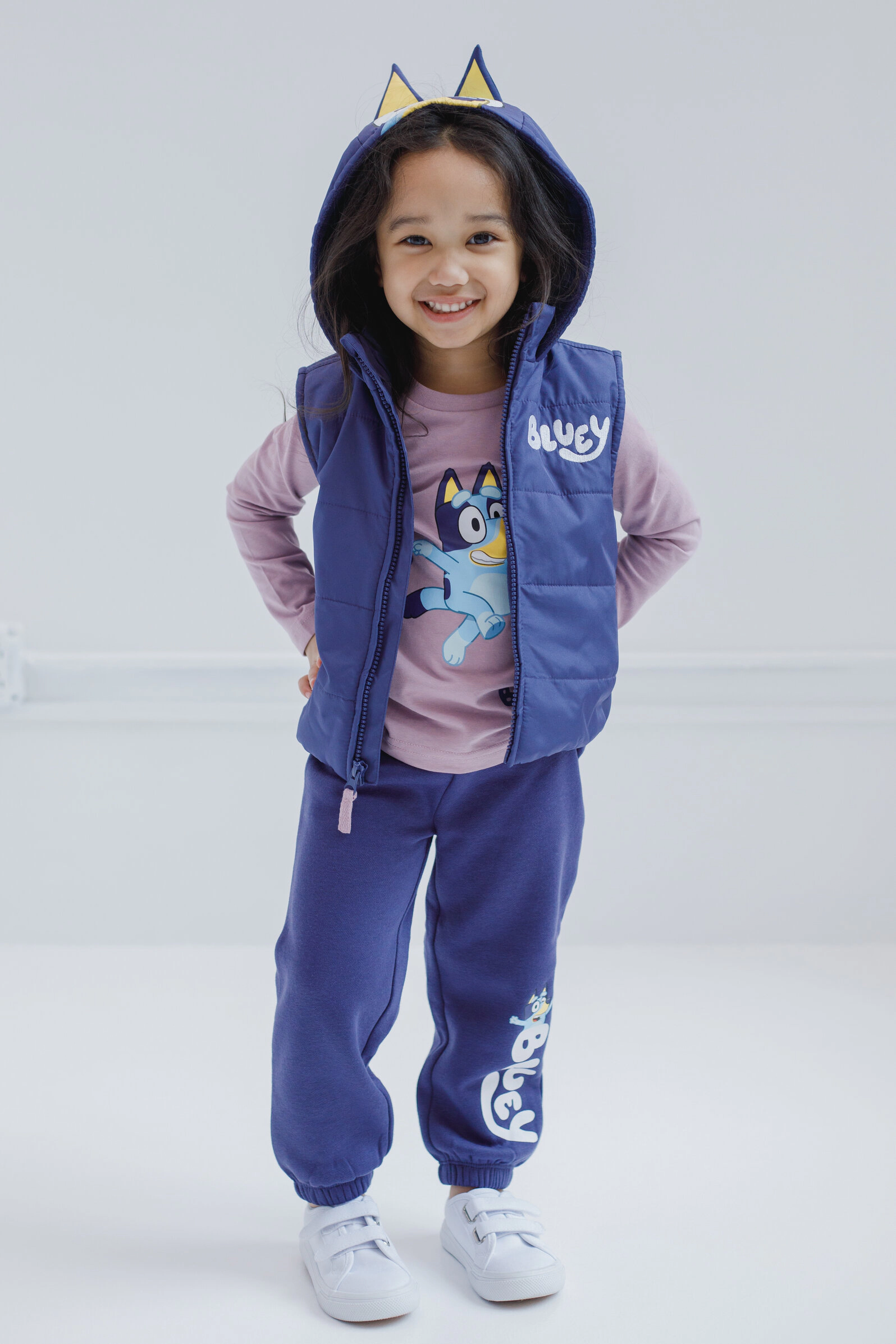 Bluey Girls' Zip-Up Hooded Vest, Tee and Pants Set