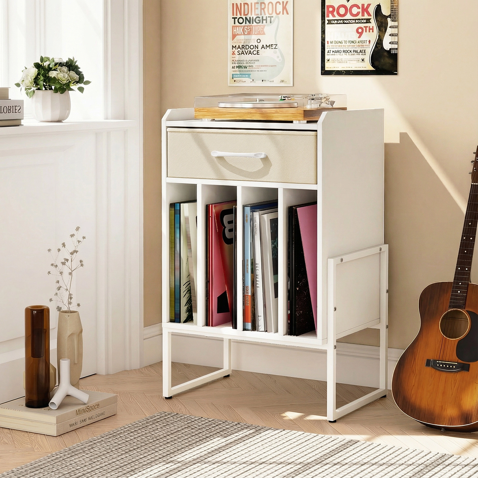SUGIFT Record Player Stand with Drawer and Vinyl Record Holder 66-lb Tabletop Capacity 44-lb Vinyl Shelf Capacity White