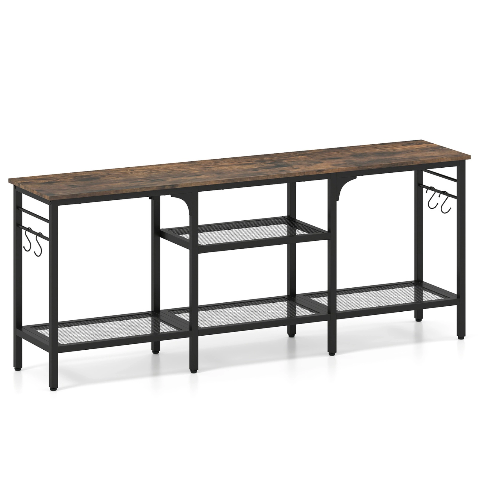 SUGIFT 55 in TV Stand Rustic Brown and Black with 3-Tier Mesh Shelves and 4 Hooks