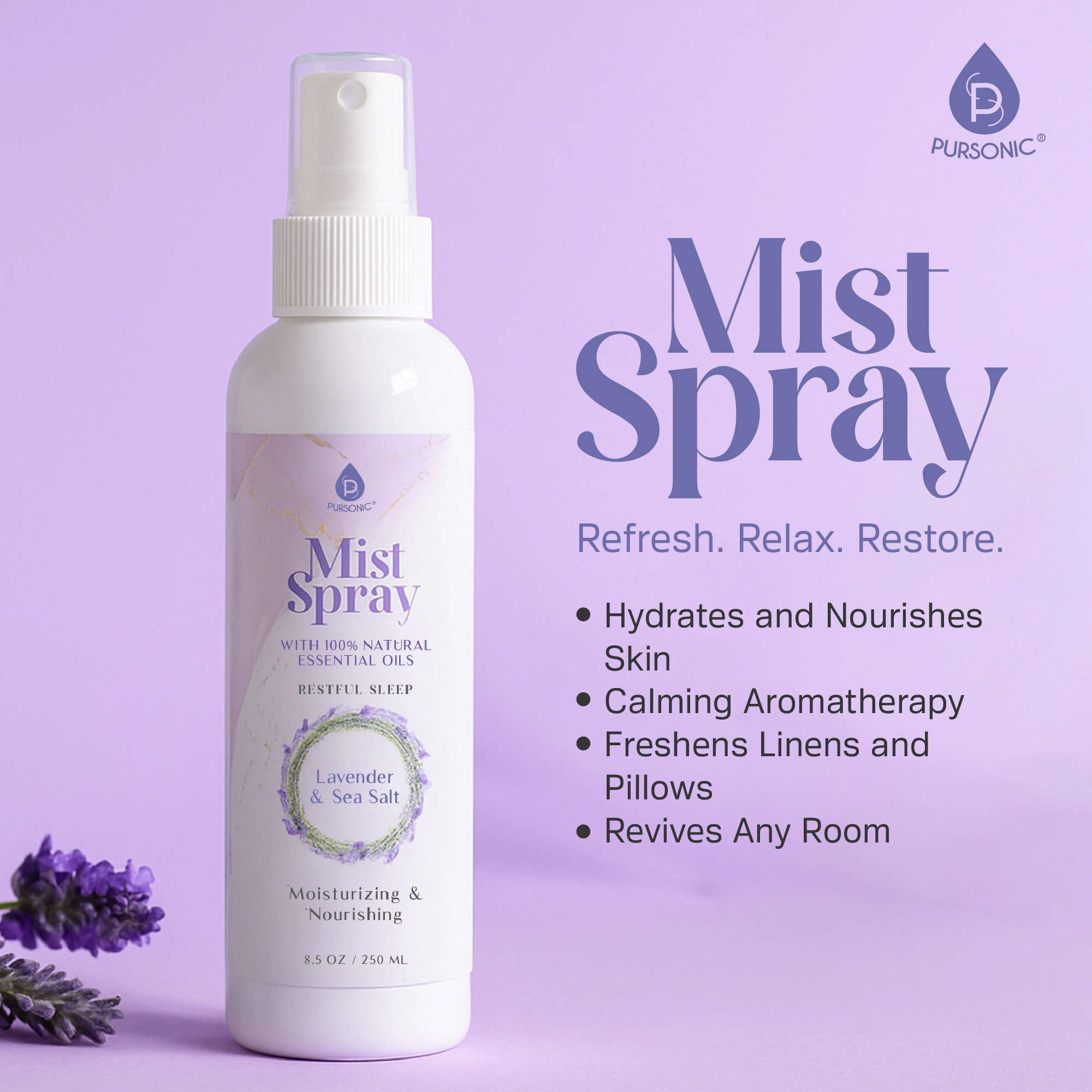 Pursonic Unisex Aromatherapy Lavender & Sea Salt Mist Spray with 100% Natural Essential Oils
