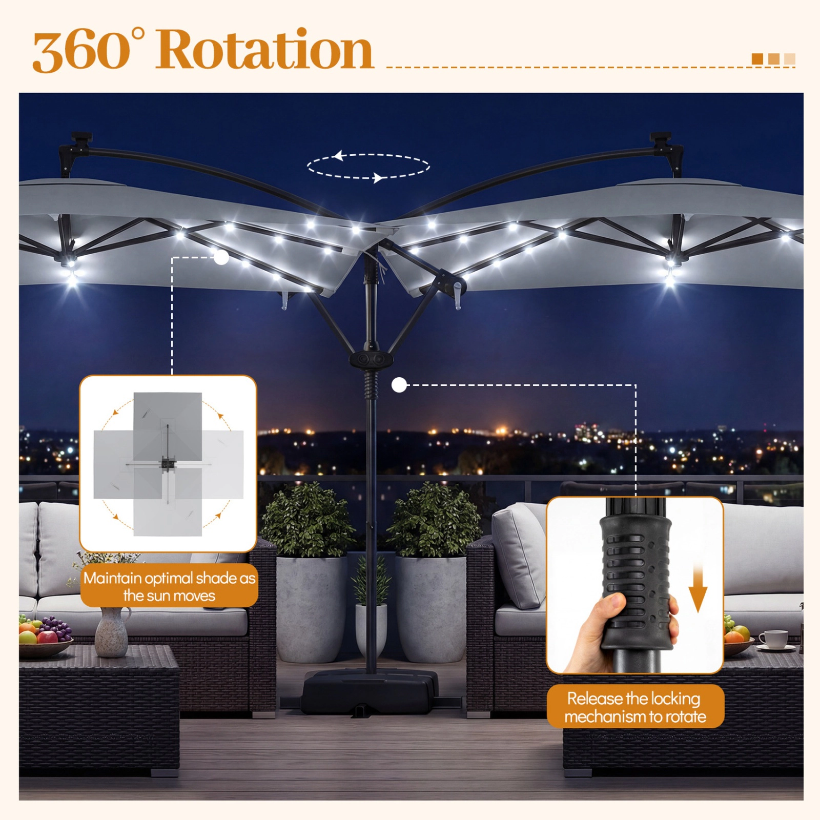 SUGIFT 8-ft Gray Square Solar LED Offset Patio Umbrella with Crank Lift and 360-Degree Rotation for Deck