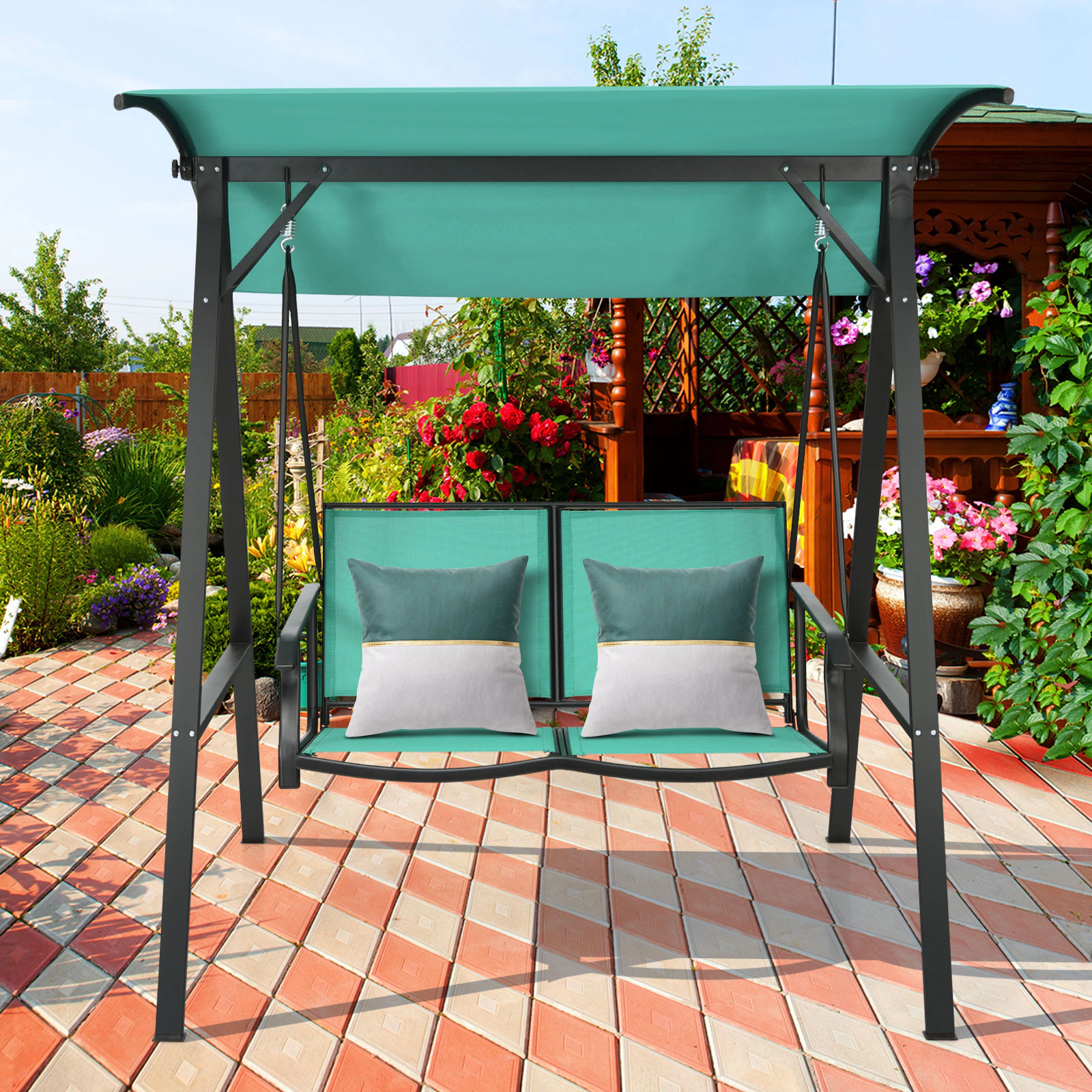 SUGIFT Weather-Resistant 2 Person Patio Swing with Glider and Adjustable Canopy 530-lb Capacity Green