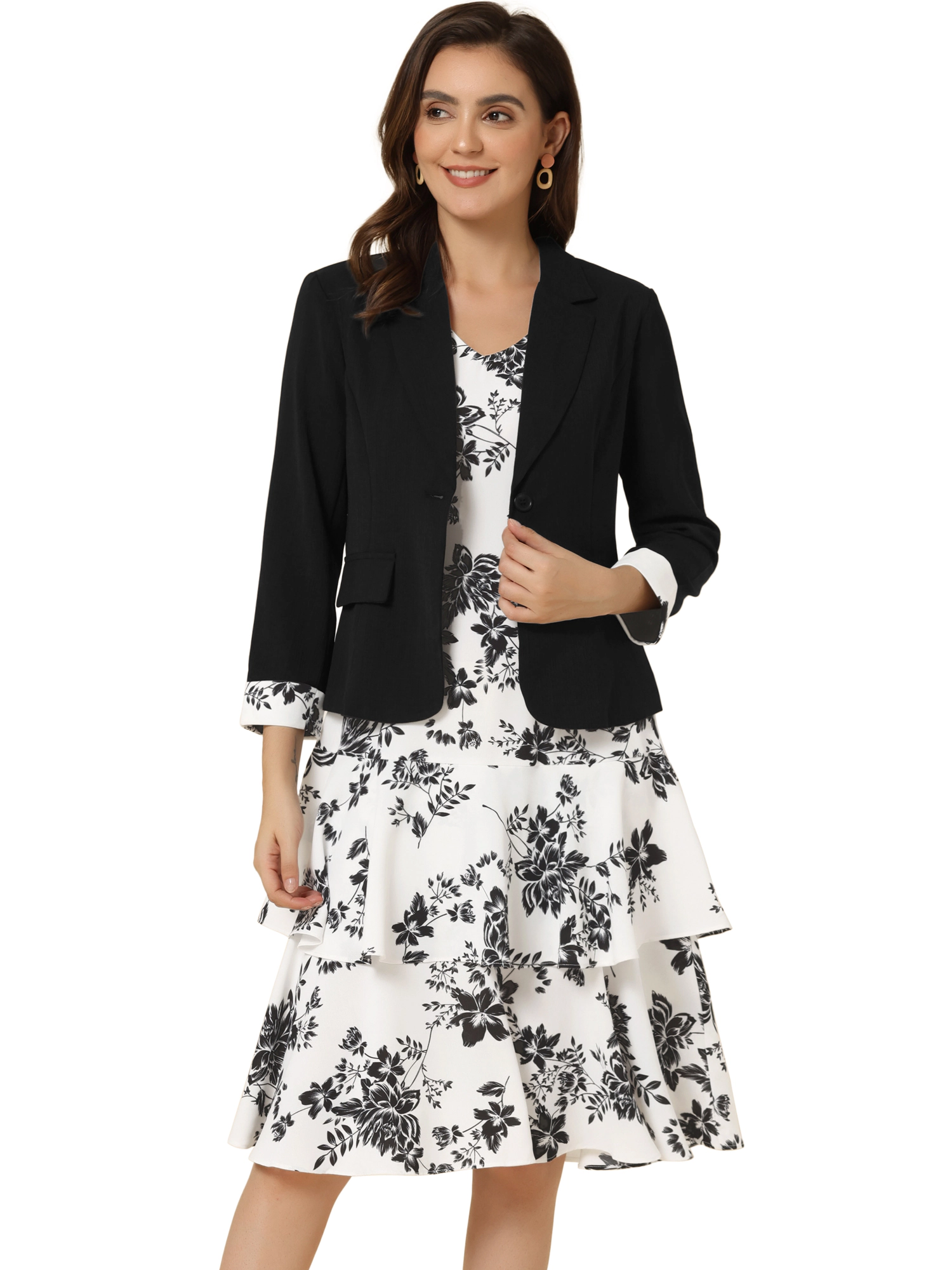 INSPIRE CHIC Women's Chiffon V-Neck Dress and Contrast Panel Blazer Suit Set