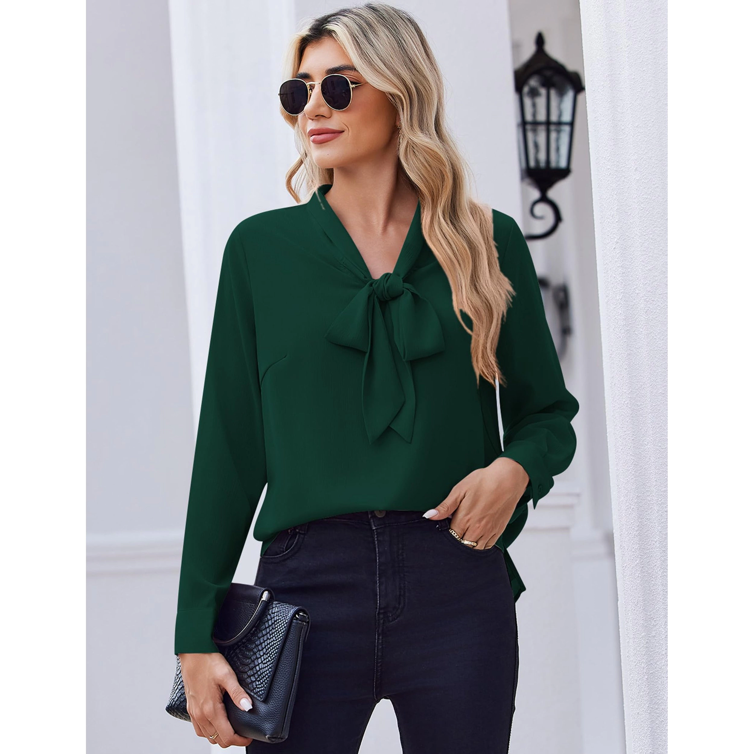 Zeagoo White Blouse for Women Long Sleeve Work Casual Chiffon Tops Bow Tie Ladies Business Shirts