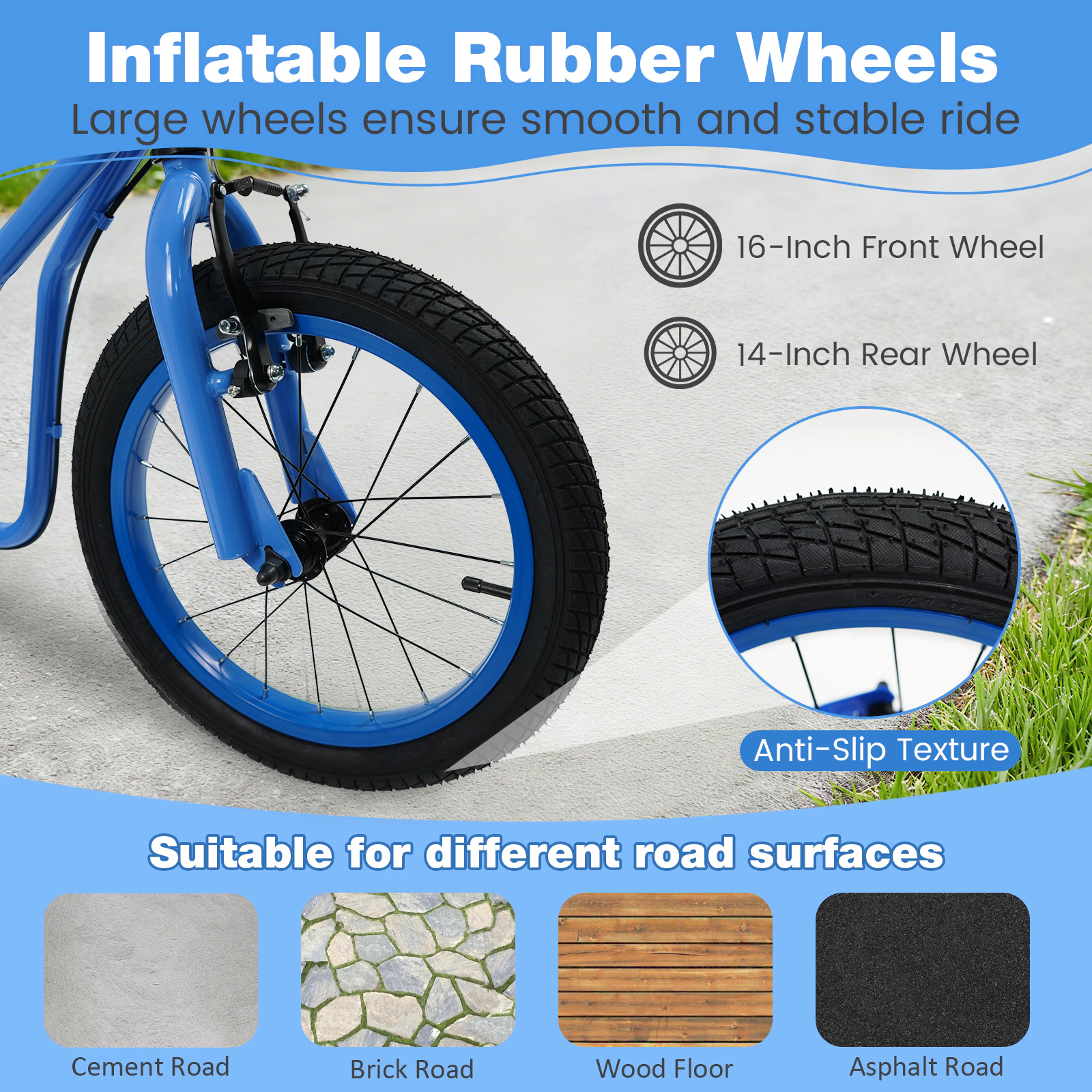 SUGIFT Blue Kick Scooter, 16-Inch Front and 14-Inch Rear Inflatable Wheels, Hand Brakes, 110-Lb Capacity