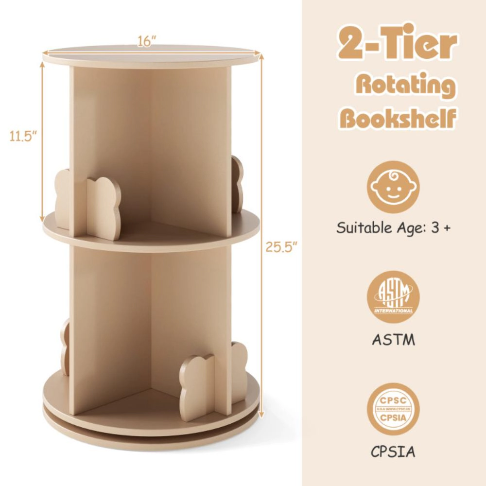 Hivvago 2 Tier Freestanding Kids Rotating Bookshelf Storage Rack with Bear Baffles