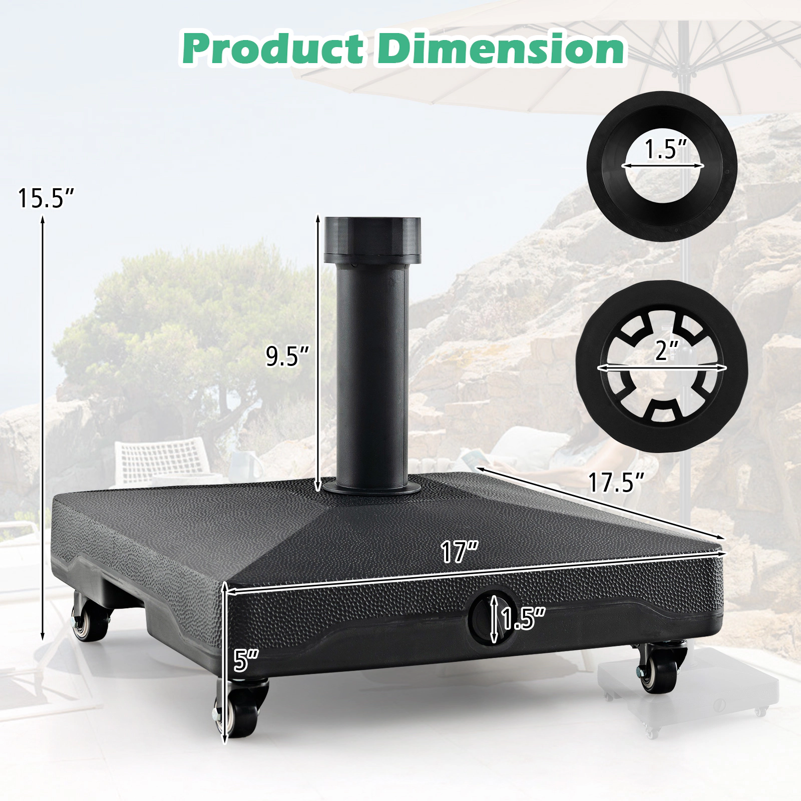 Slickblue Rolling Umbrella Base for Patio Garden Poolside with Locking Wheels Black