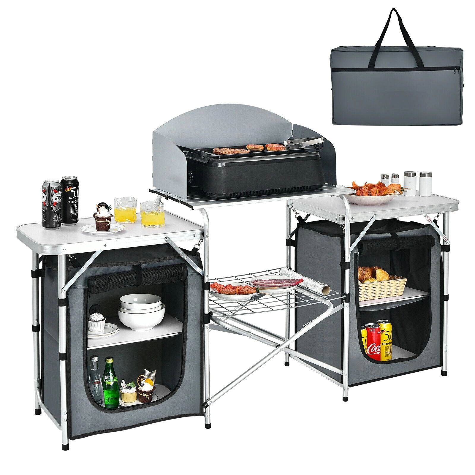 SUGIFT Gray Folding Camp Kitchen Table with Windscreen 68-in W 19-in D 43.5-in H 55-lb Tabletop Capacity