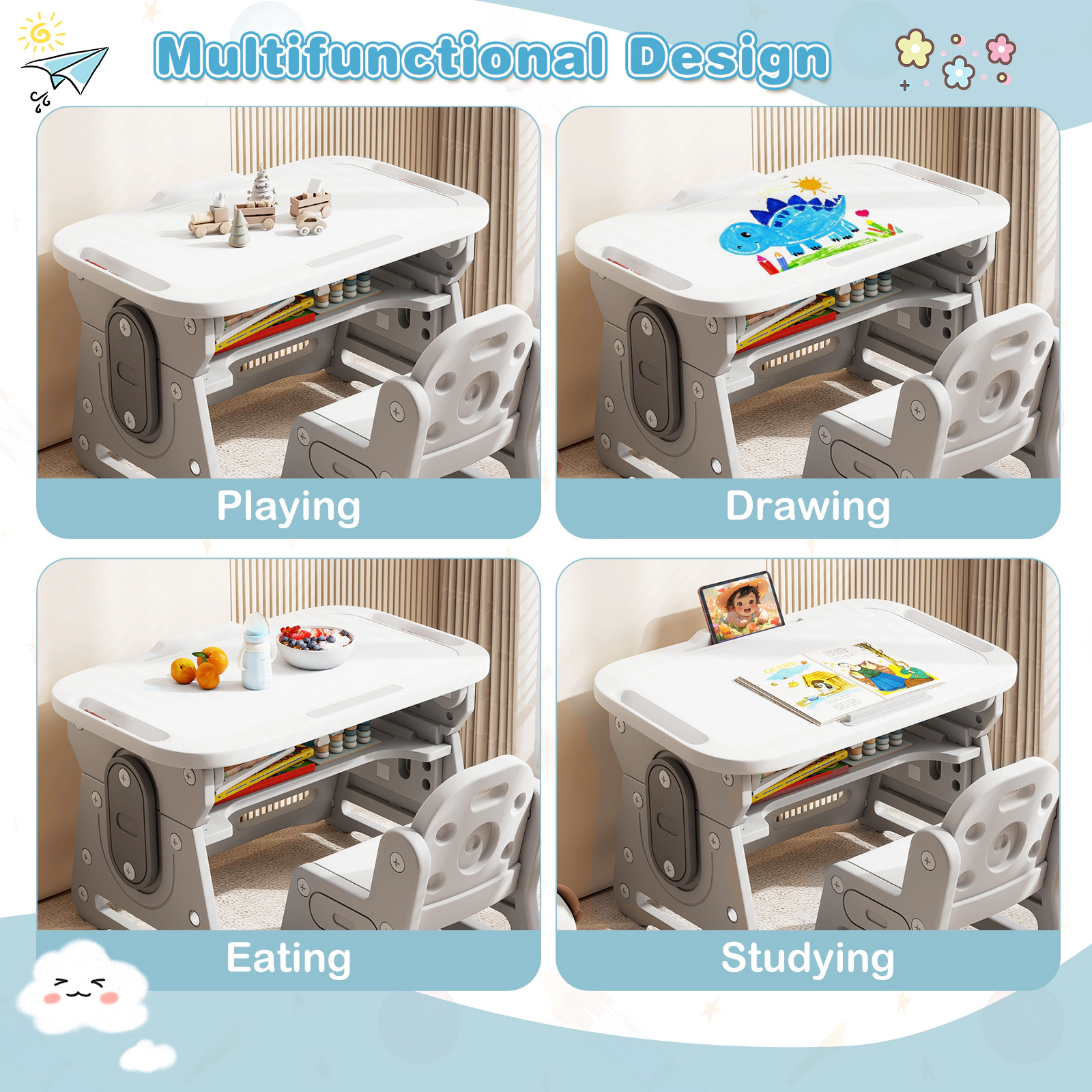 SUGIFT Height Adjustable Kids Table and Chair Set with Tiltable Whiteboard and Concave Shelf 66-lb Tabletop Blue/Gray