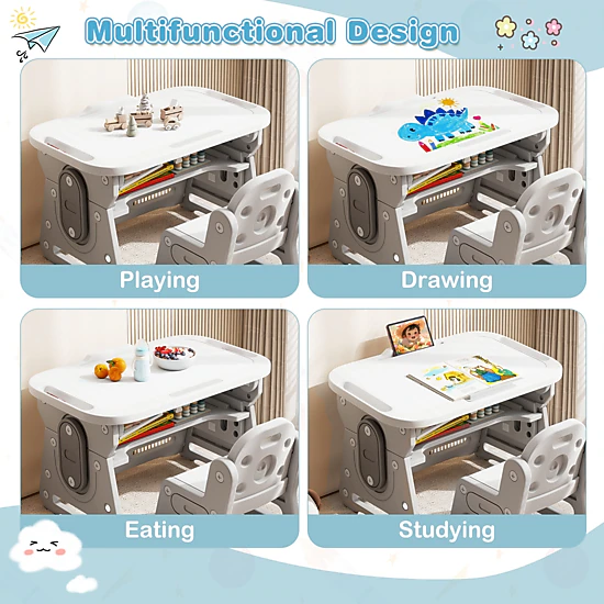 SUGIFT Height Adjustable Kids Table and Chair Set with Tiltable Whiteboard and Concave Shelf 66-lb Tabletop Blue/Gray