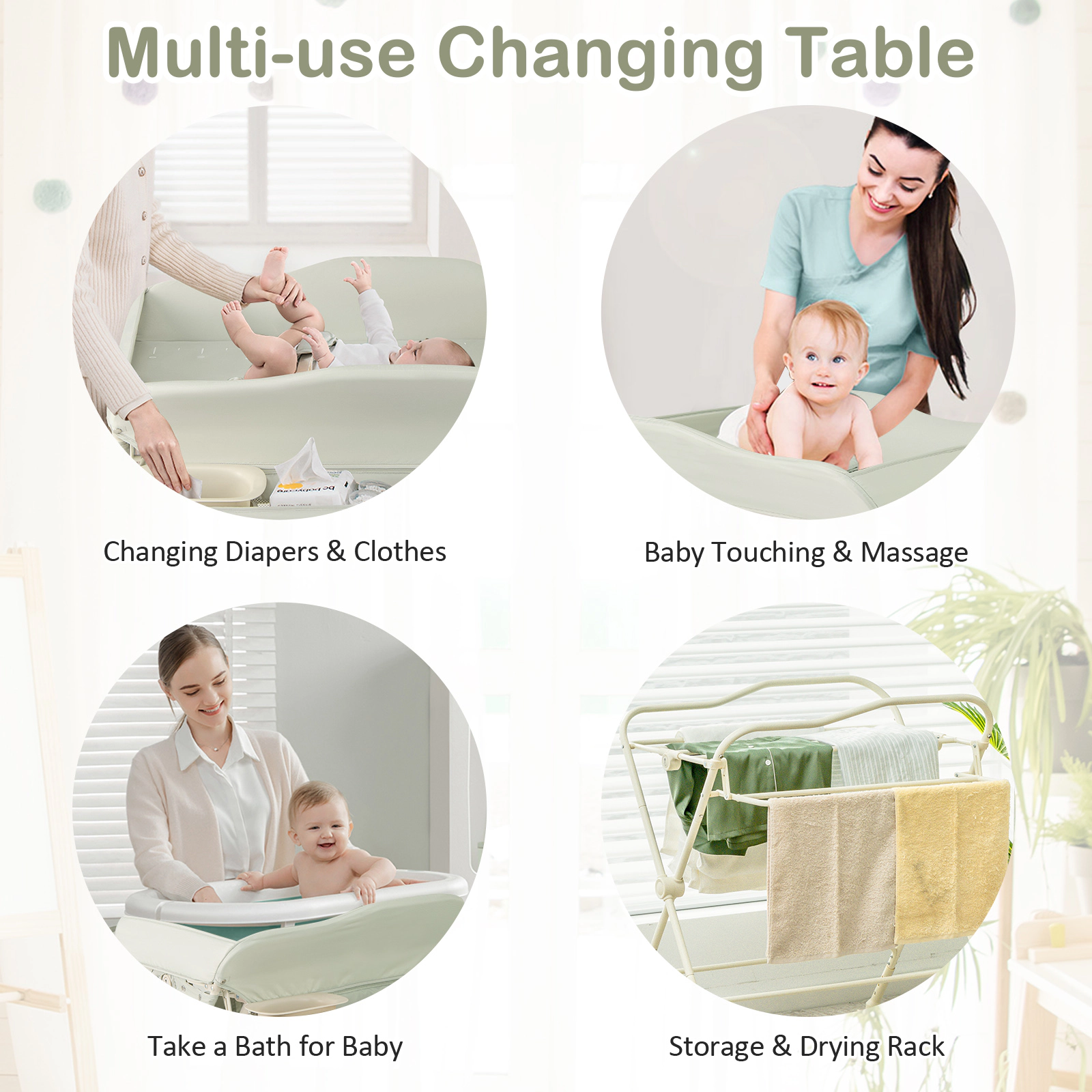 SUGIFT Baby Diaper Changing Table Green with Water Basin Growth Ruler and Wheels