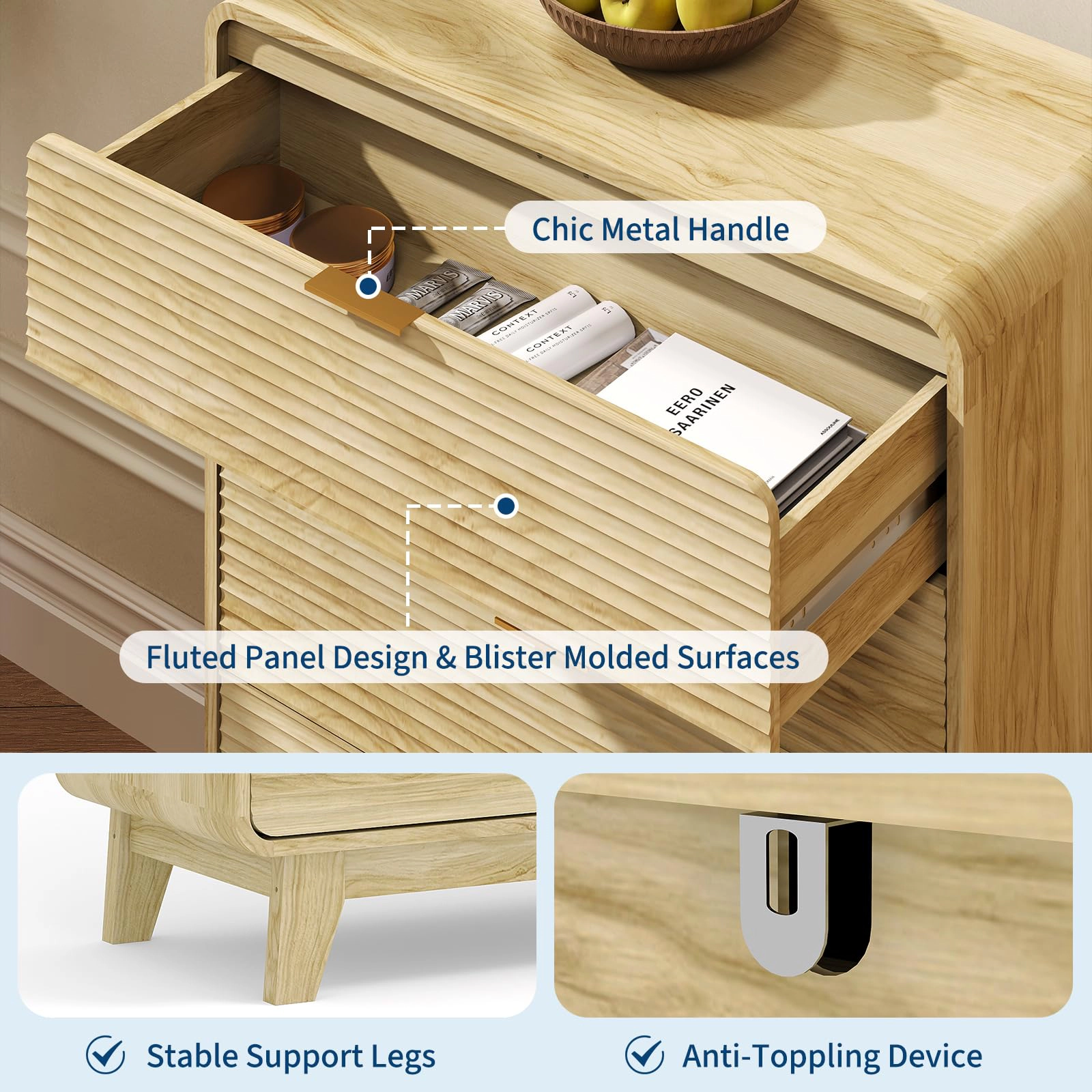Fluted 5-Drawer Dresser with Gold Handles, 46" Tall Wood Storage Cabinet, Curved Profile Design