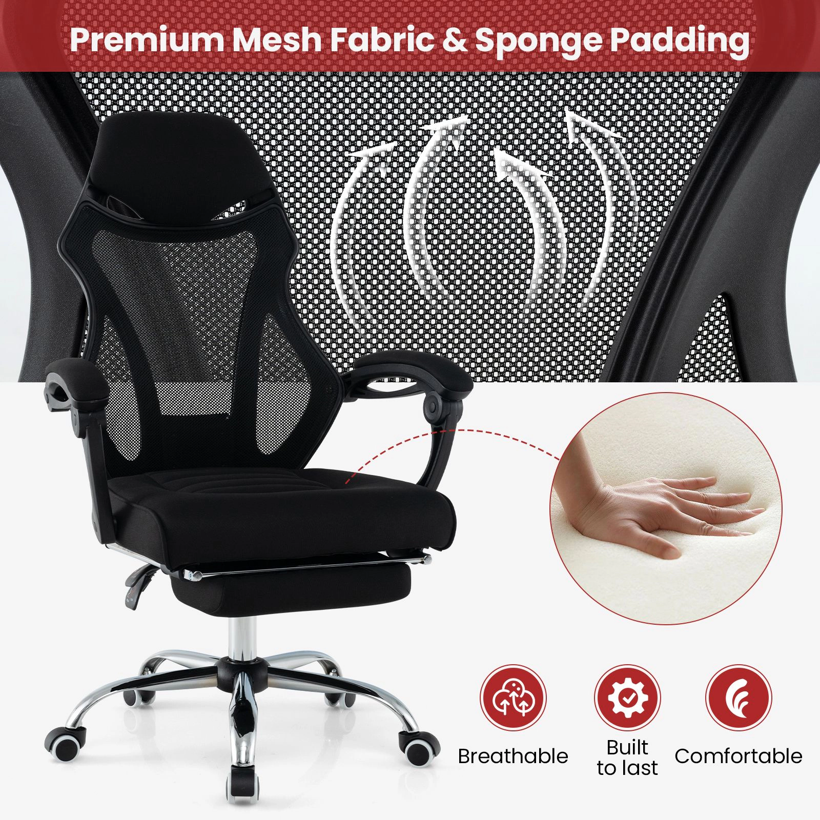 SlickBlue Ergonomic Office Chair Mesh Desk Chair with Footrest and Headrest Black