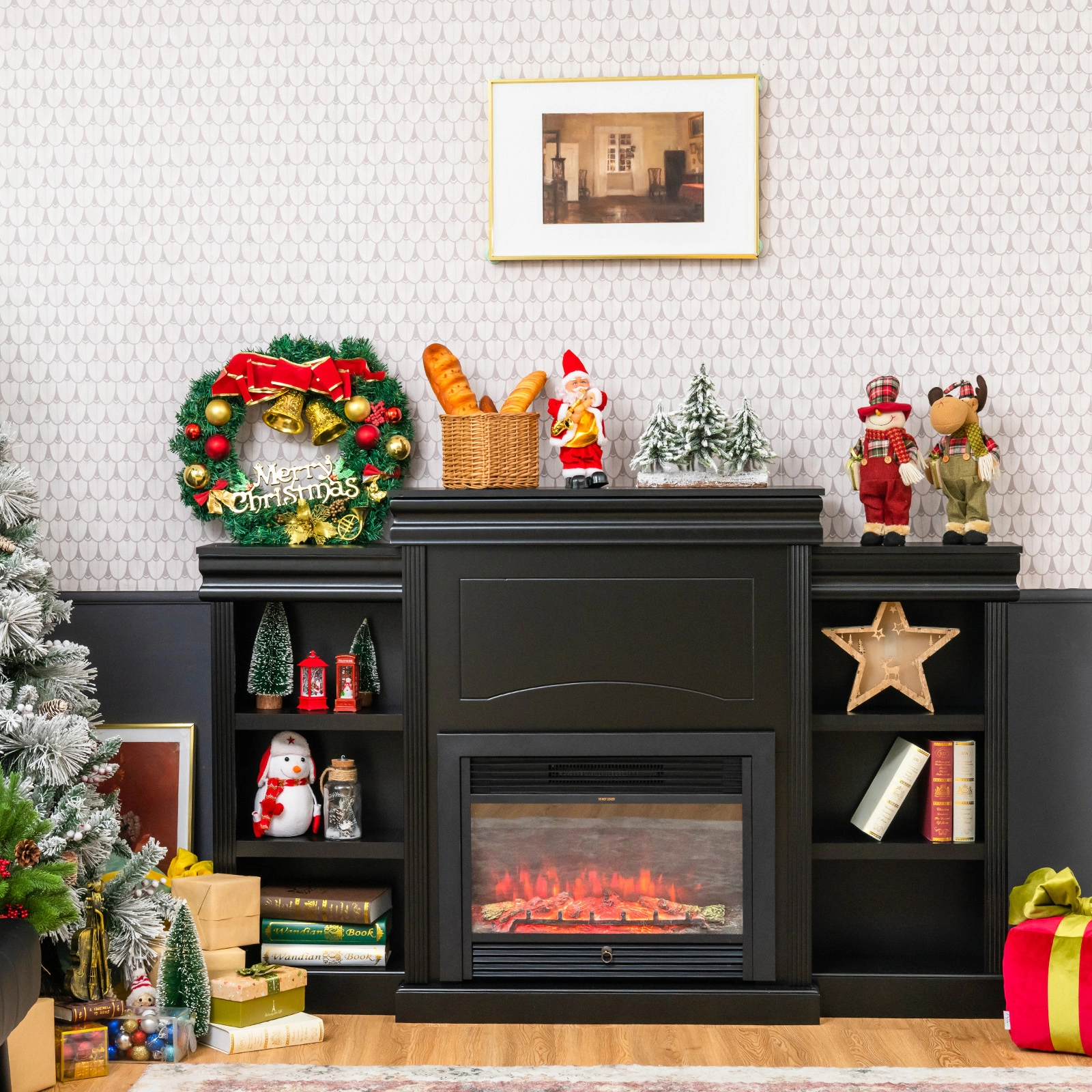 SUGIFT 70-in Modern Fireplace Media TV Stand with Bookcase 44-lb Tabletop Capacity Black