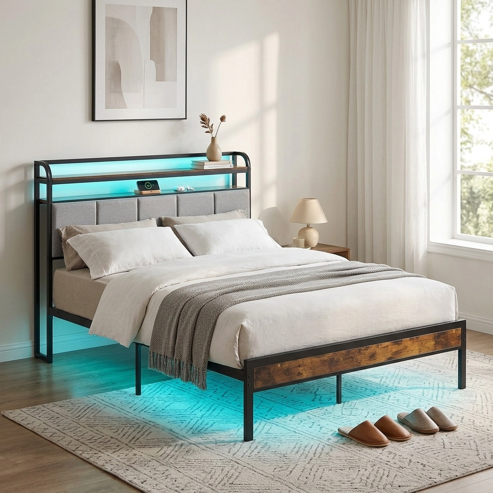 SUGIFT Queen Platform Bed with LED Headboard, Charging Station and 2-Tier Shelf, Rustic Brown