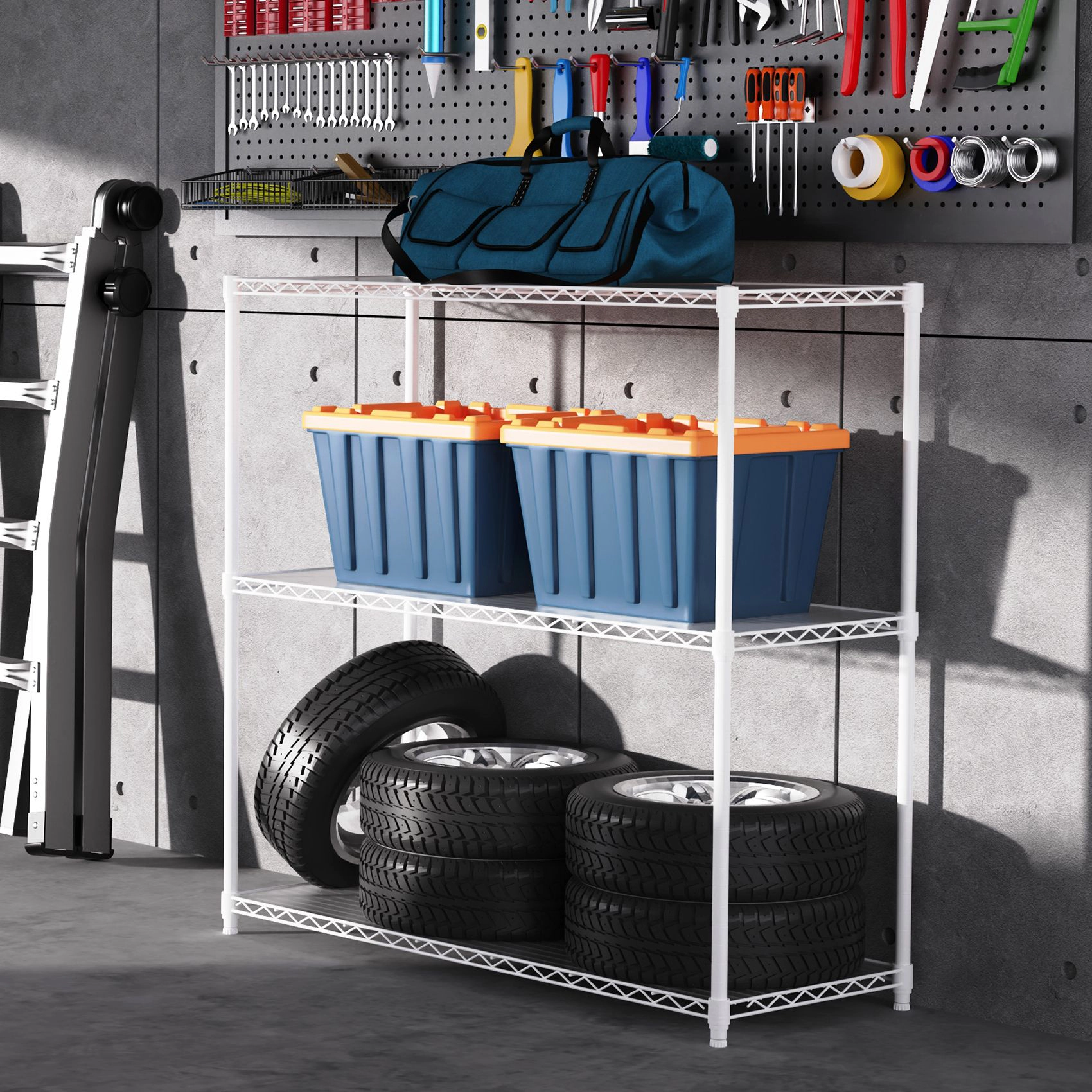 Flynama 3 Tier Wire Shelving 1050 LBS NSF Height Adjustable Heavy Duty Metal Garage Storage Rack in White