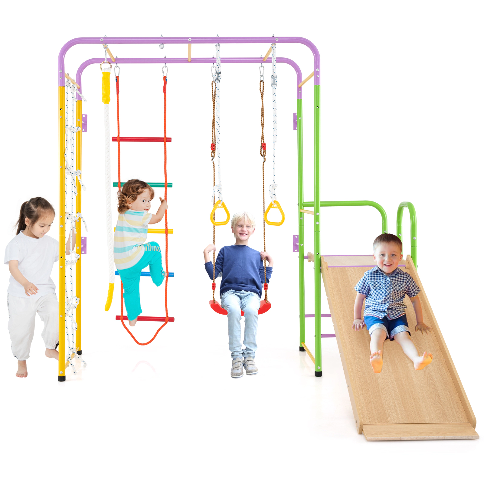LJG Kids Metal Indoor Jungle Gym 8-in-1 Climbing Playset with Monkey Bars