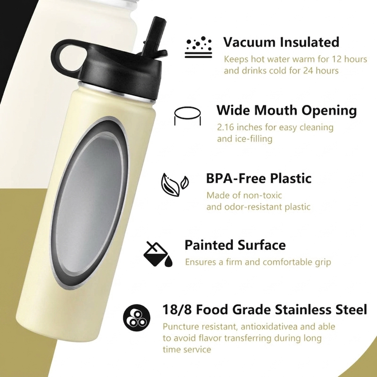 SUGIFT 22-oz Beige Insulated Stainless Steel Water Bottle with 2 Lids and Flip-Up Straw 3-in Dia 9.6-in H