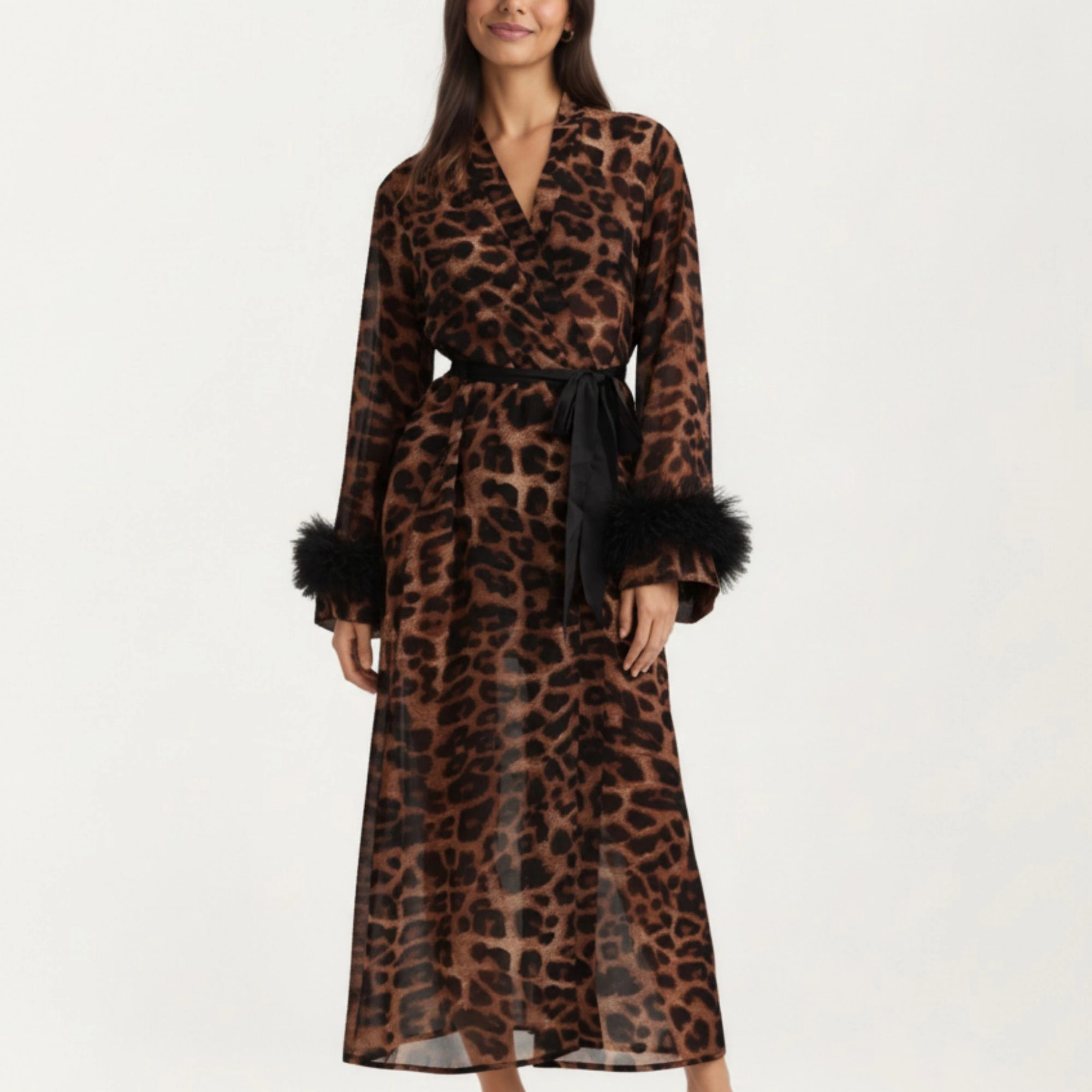 Anna-Kaci Women's Leopard Print Mesh Robe Dress with Feather Sleeves and Satin Tie Waist in Longline Silhouette