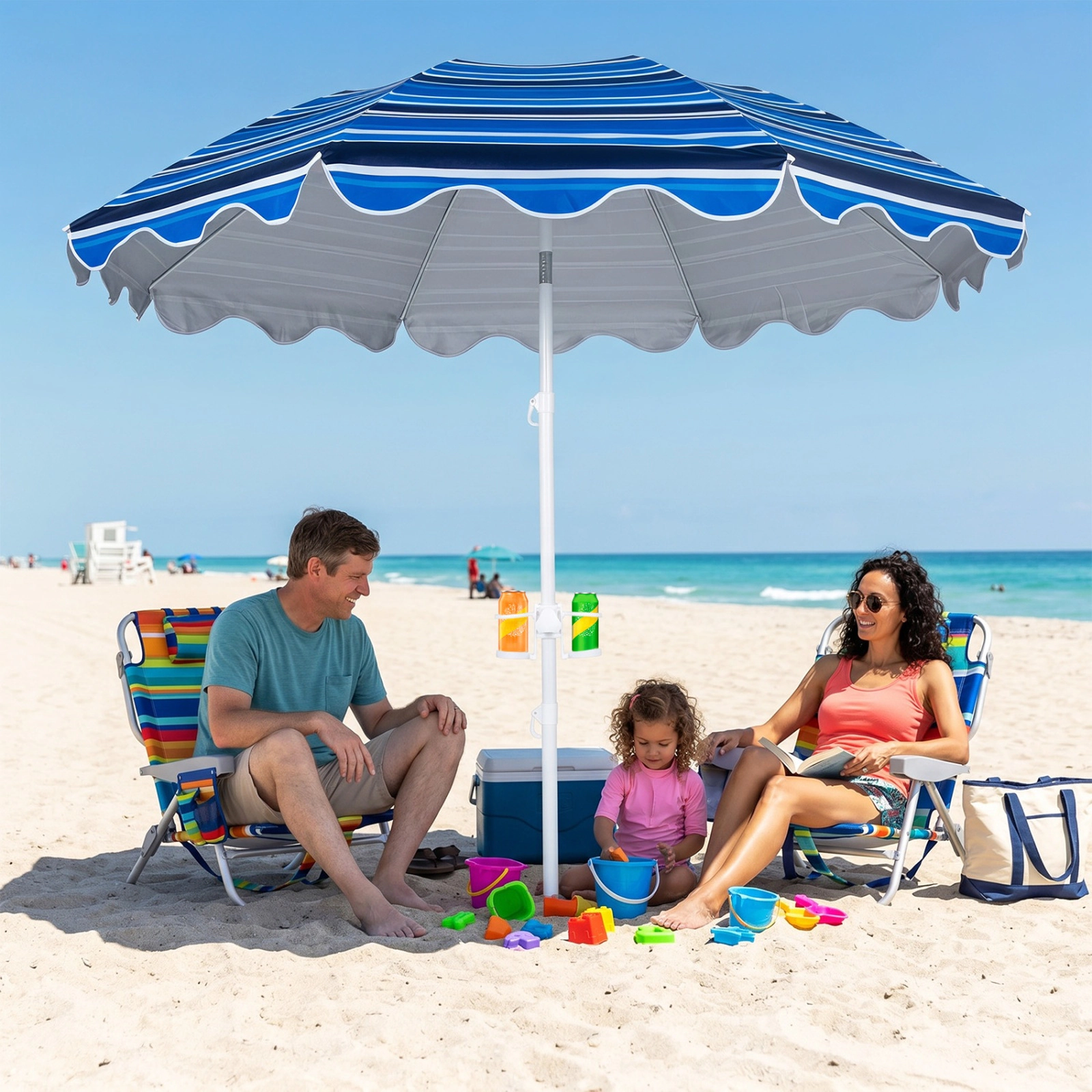 SUGIFT Beach Umbrella Navy UPF 50 Plus with Sand Anchor Cup Holder and Carry Bag