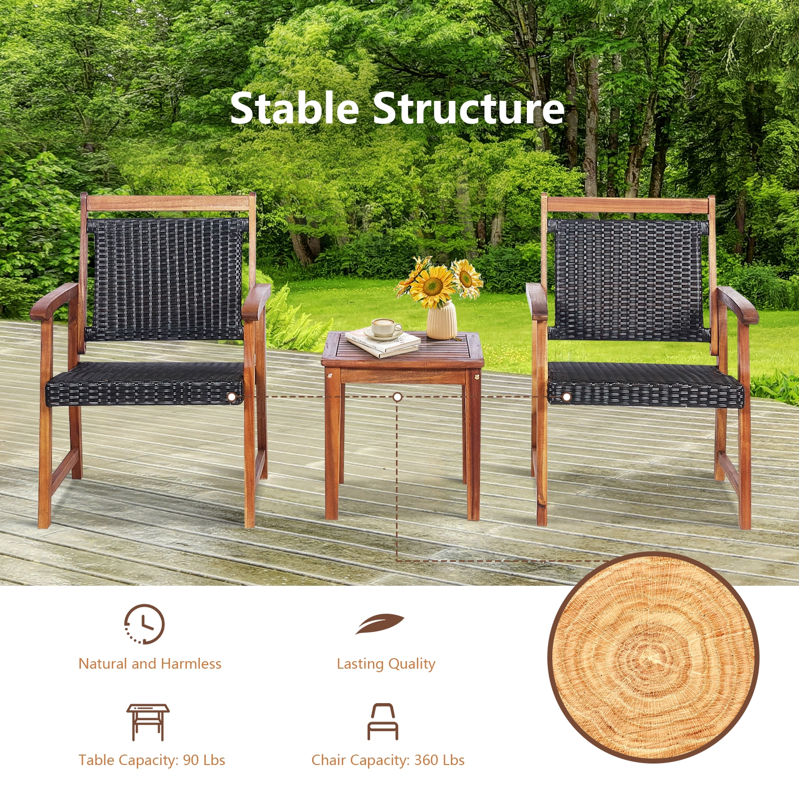 SUGIFT 3-Piece Reddish Brown Rattan Bistro Set with Acacia Wood Chairs and Side Table