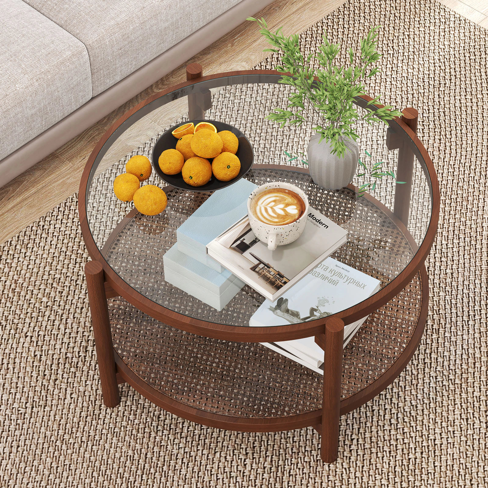 Glintex 31-Inch Round Coffee Table with Glass Top and Hand-Woven Rattan Shelf, Cherry+Transparent